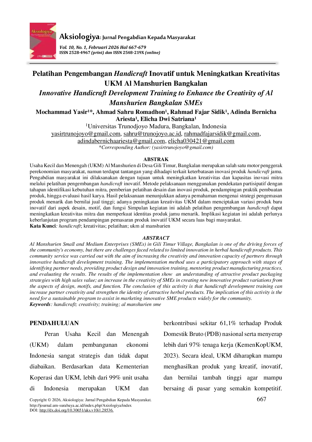 JURIS Pelatihan Pengembangan Handicraft Inovatif untuk Meningkatkan Kreativitas UKM Al Manshurien Bangkalan