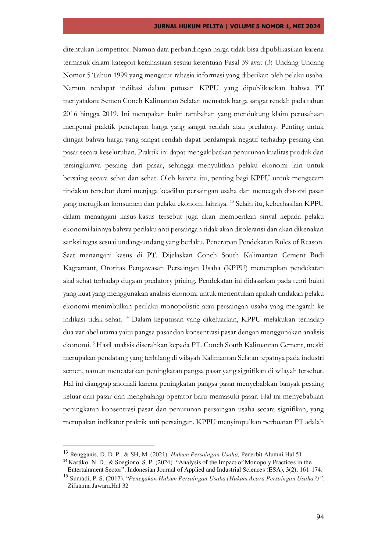 JURIS Peran KPPU Dalam Penyelesaian Perkara Jual Rugi Predator Pricing Semen Di Indonesia