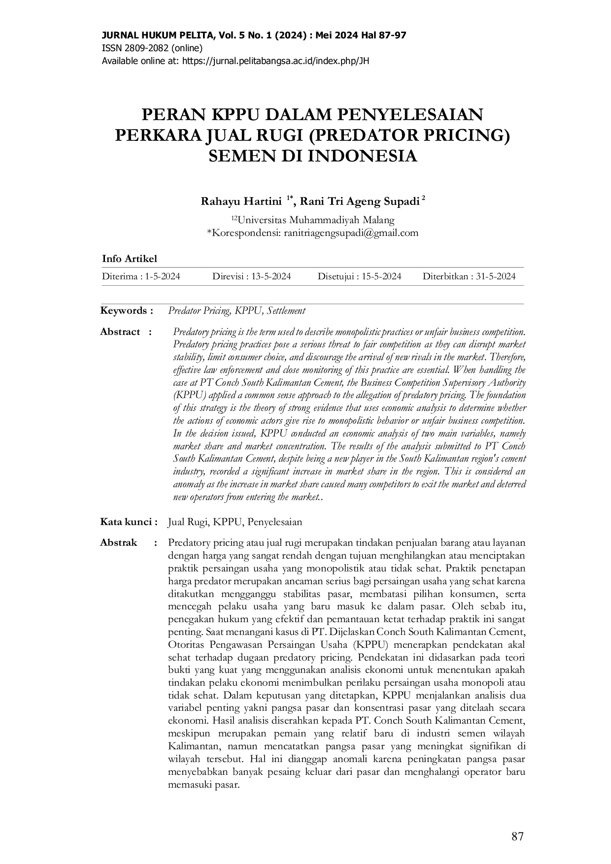 JURIS Peran KPPU Dalam Penyelesaian Perkara Jual Rugi Predator Pricing Semen Di Indonesia