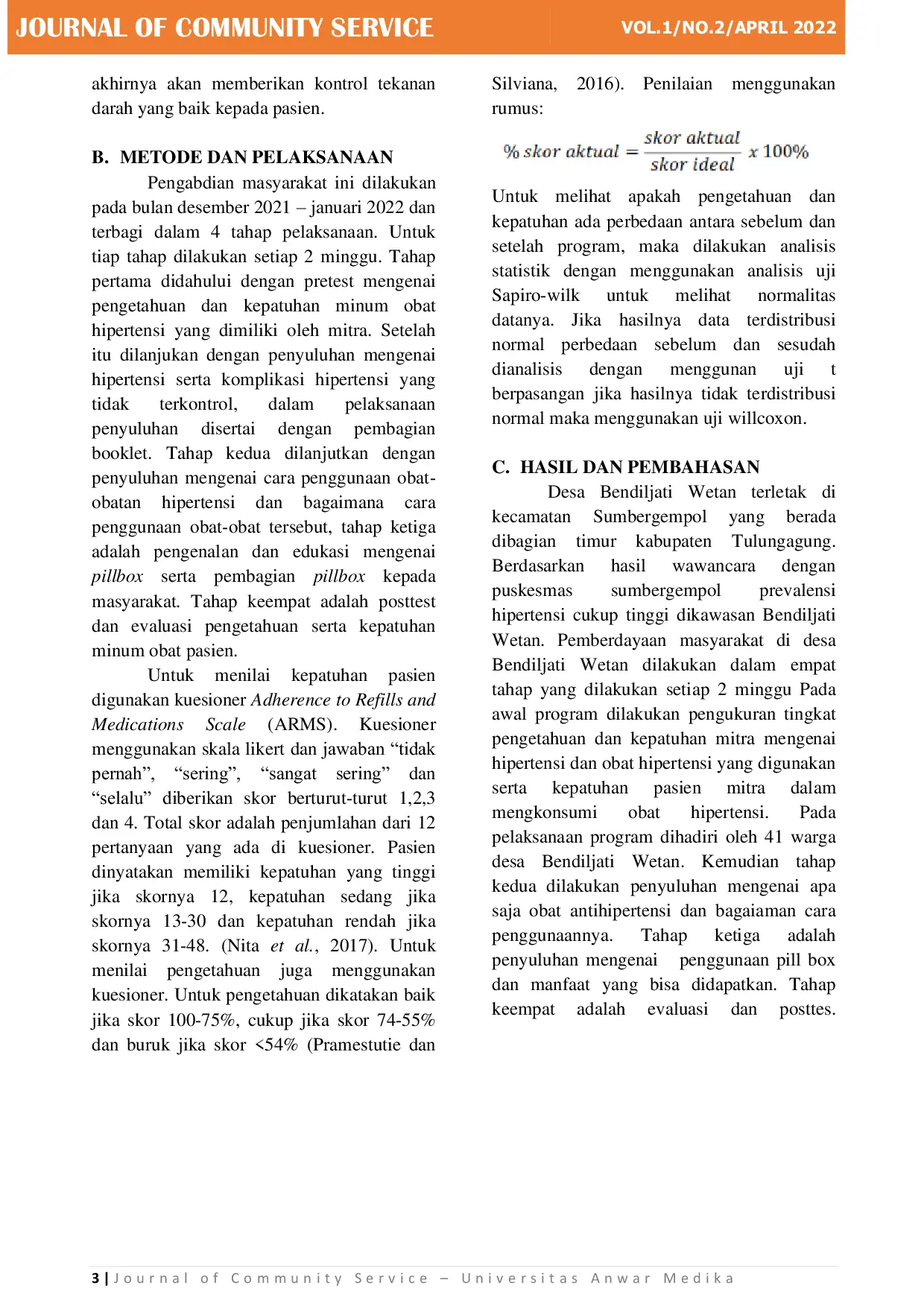 JURIS Pemberdayaan Masyarakat Dengan Menggunakan Pillbox Dalam Rangka Meningkatkan Kepatuhan Minum Obat Pasien Hipertensi Di Desa Bendiljati Wetan Kecamatan Sumbergempol Kabupaten Tulungagung