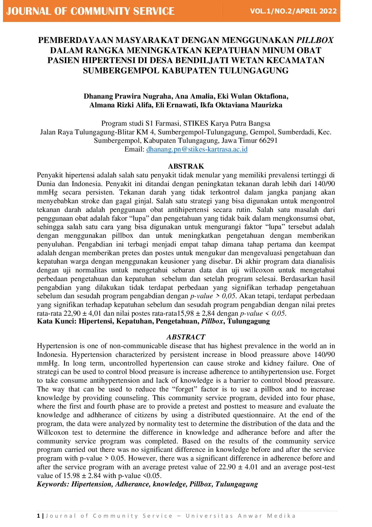 JURIS Pemberdayaan Masyarakat Dengan Menggunakan Pillbox Dalam Rangka Meningkatkan Kepatuhan Minum Obat Pasien Hipertensi Di Desa Bendiljati Wetan Kecamatan Sumbergempol Kabupaten Tulungagung