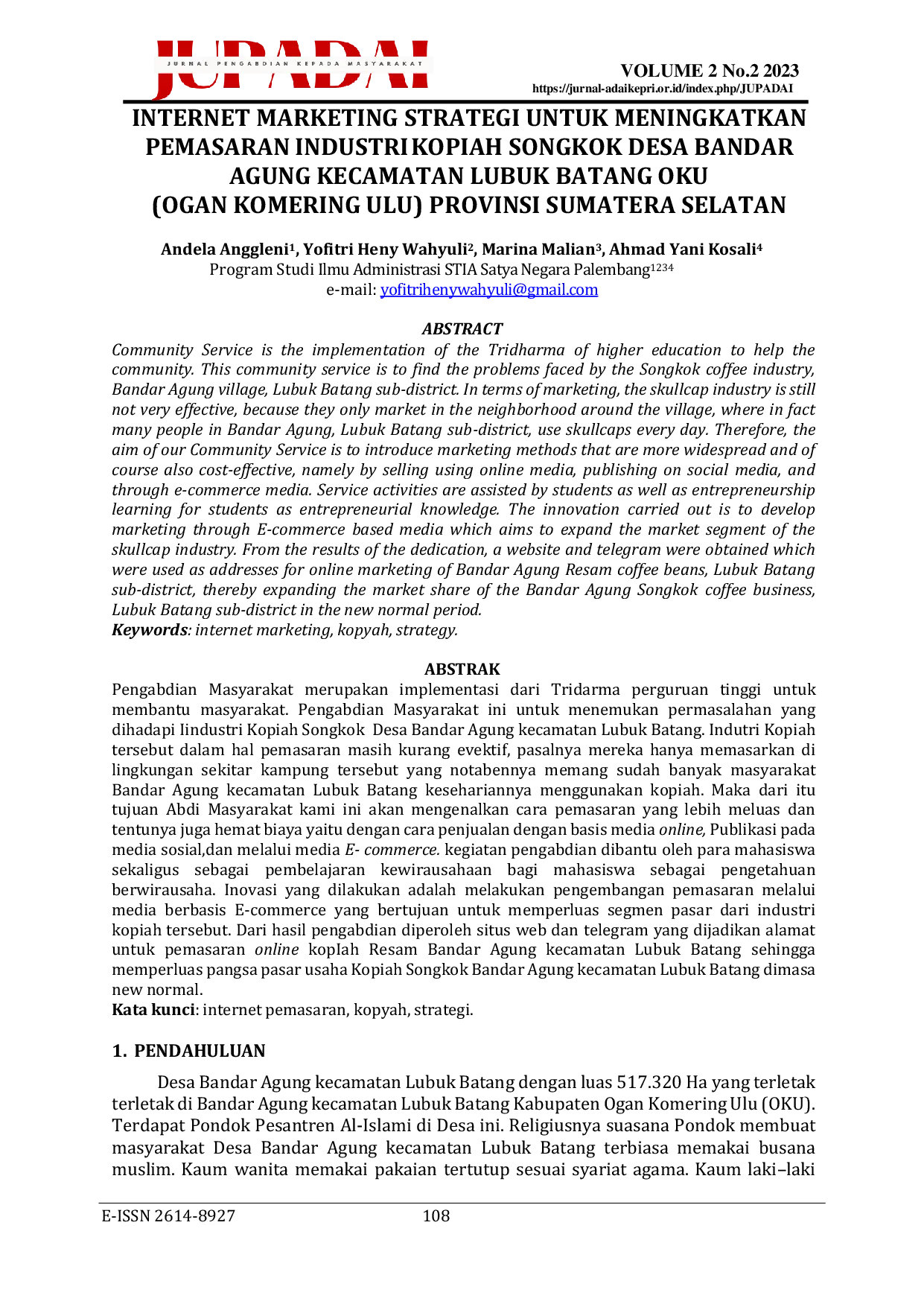 JURIS Internet Marketing Strategi untuk Meningkatkan Pemasaran Industri Kopiah Songkok Desa Bandar Agung Kecamatan Lubuk Batang OKU Ogan Komering Ulu Provinsi Sumatera Selatan