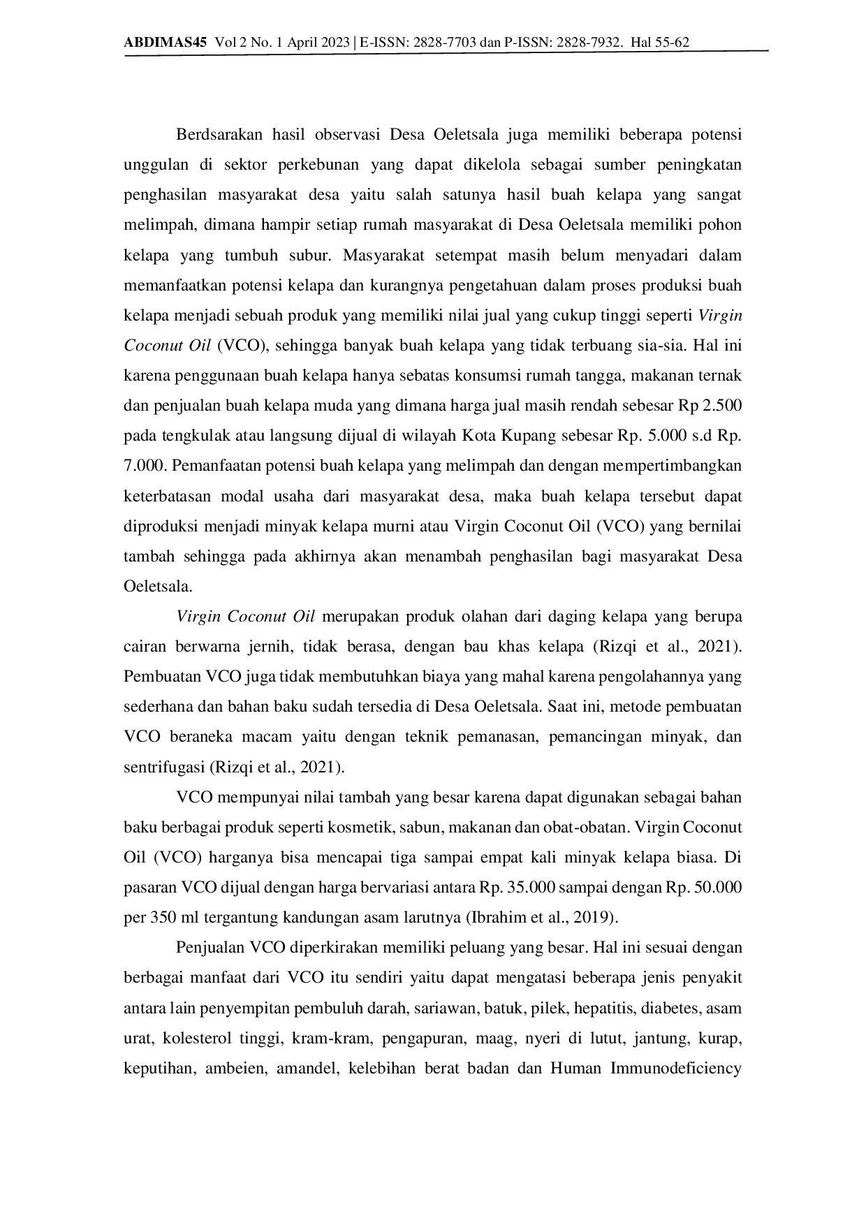 JURIS Pembuatan Virgin Coconut Oil Pada Kegiatan Belajar Dan Pendampingan Masyarakat Di Desa Oeletsala