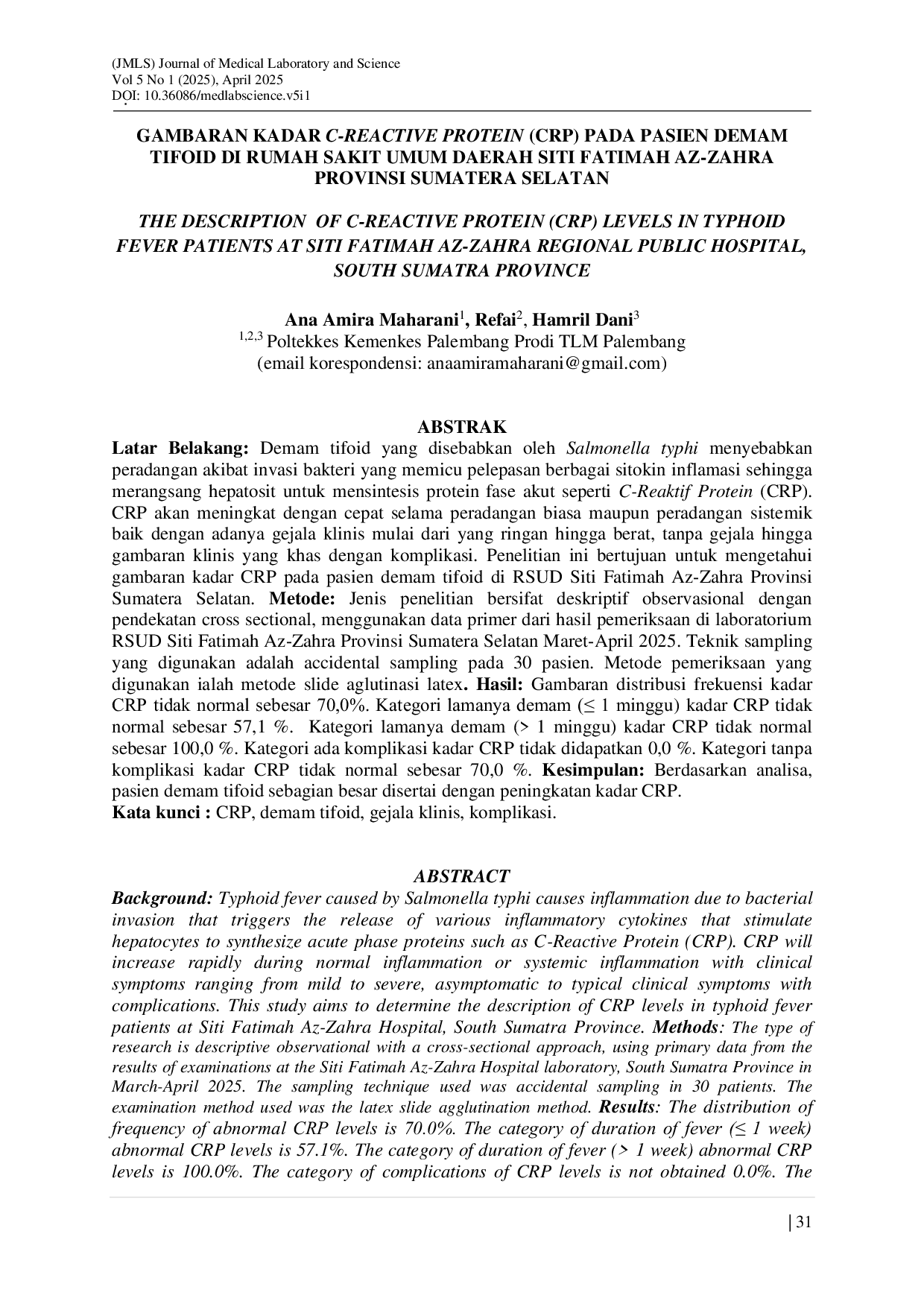 JURIS Gambaran Kadar C Reactive Protein CRP Pada Pasien Demam Tifoid Di Rumah Sakit Umum Daerah Siti Fatimah Az Zahra Provinsi Sumatera Selatan