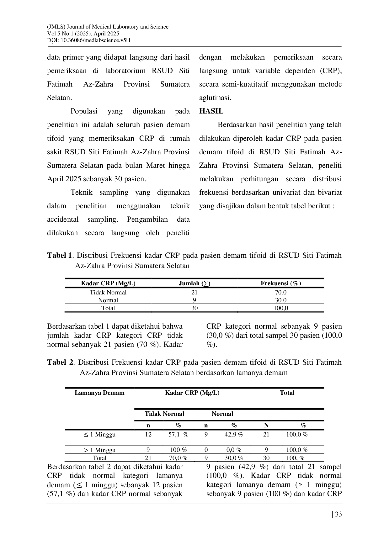 JURIS Gambaran Kadar C Reactive Protein CRP Pada Pasien Demam Tifoid Di Rumah Sakit Umum Daerah Siti Fatimah Az Zahra Provinsi Sumatera Selatan