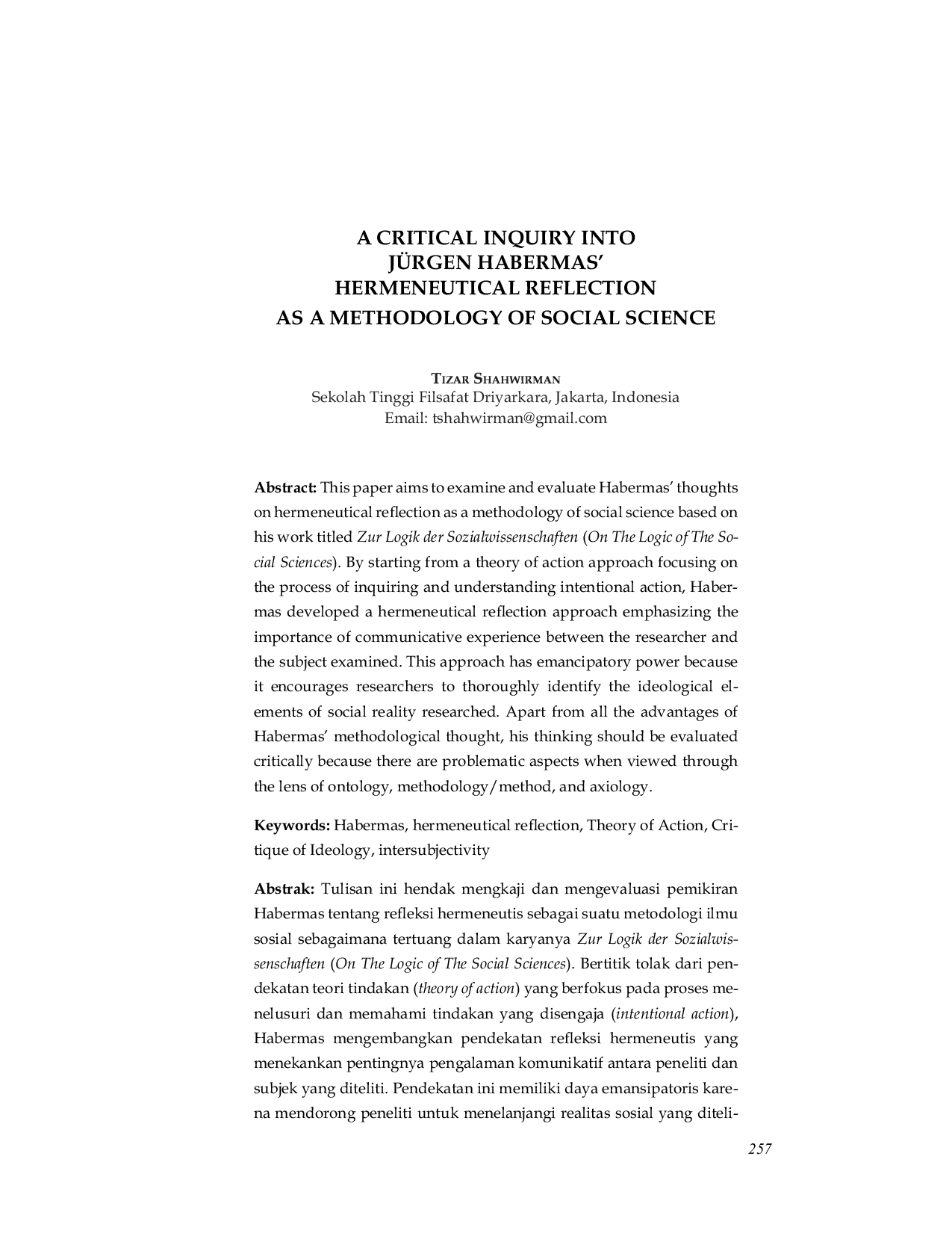 JURIS A Critical Inquiry into J rgen Habermas Hermeneutical Reflection as a Methodology of Social Science