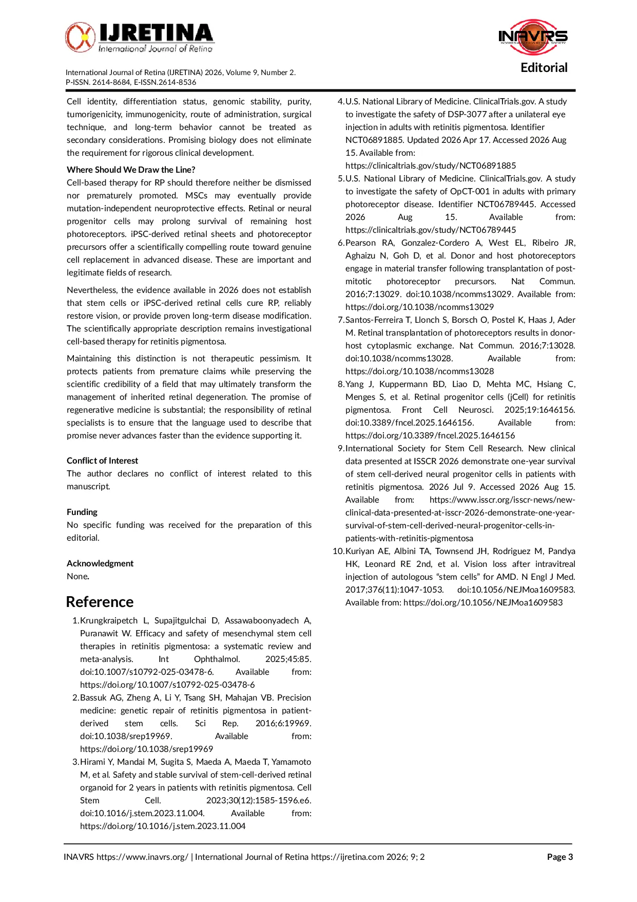 JURIS Stem Cell Therapy for Retinitis Pigmentosa Promise Evidence and the Risk of Premature Clinical Claims