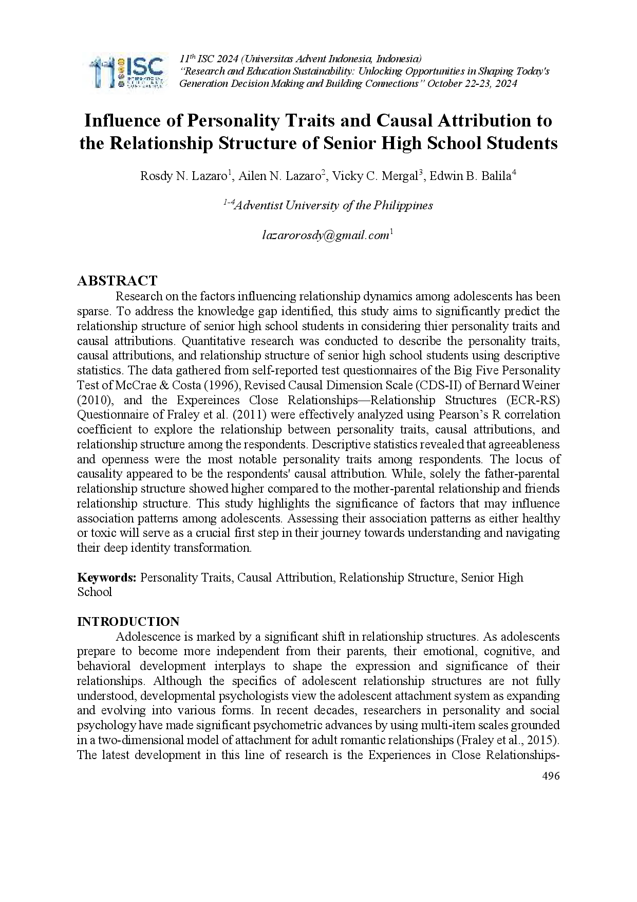 juris Influence Of Personality Traits And Causal Attribution To The Relationship Structure Of Senior High School Students