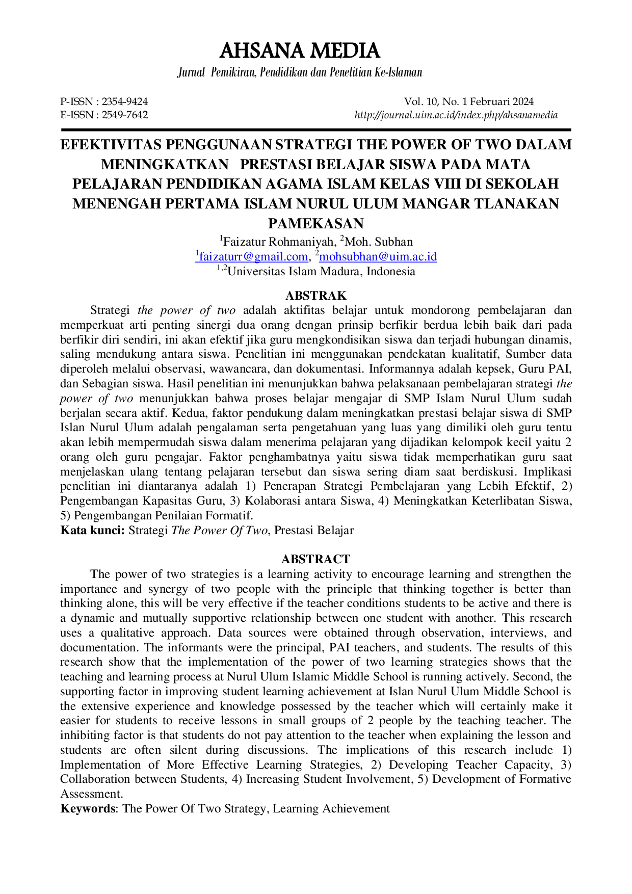 JURIS Efektivitas Penggunaan Strategi The Power Of Two Dalam Meningkatkan Prestasi Belajar Siswa Pada Mata Pelajaran Pendidikan Agama Islam Kelas VIII Di Sekolah Menengah Pertama Islam Nurul Ulum Mangar Tla