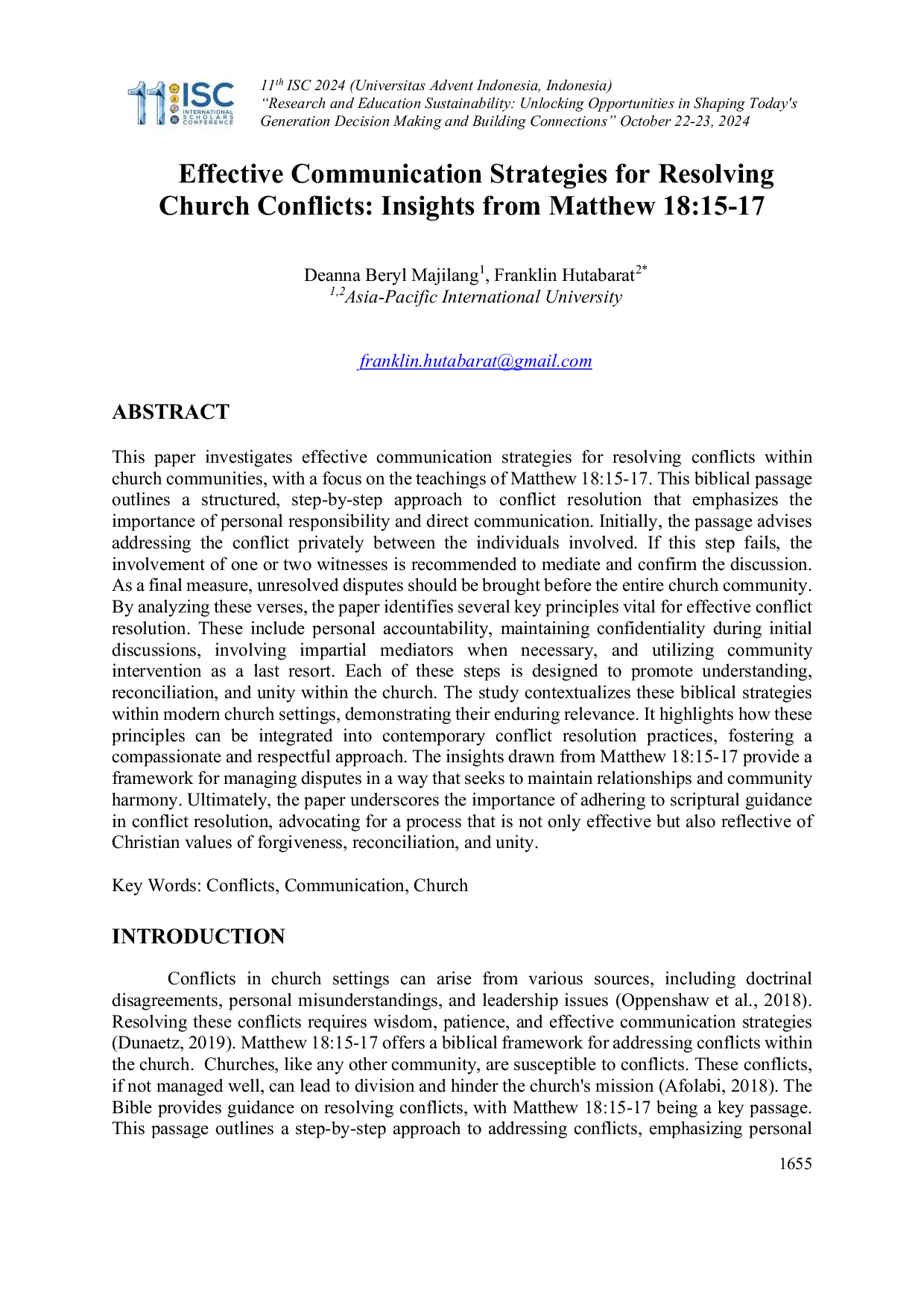 JURIS Effective Communication Strategies for Resolving Church Conflicts Insights from Matthew 18 15 17