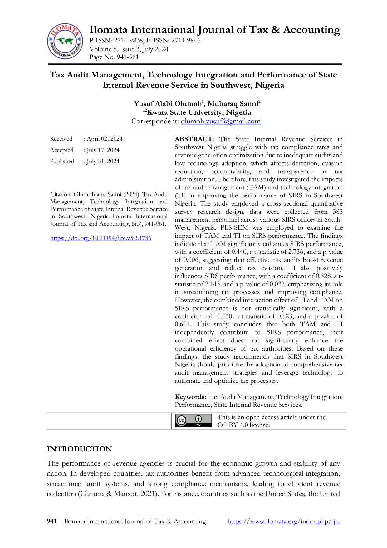 JURIS Tax Audit Management Technology Integration and Performance of State Internal Revenue Service in Southwest Nigeria English
