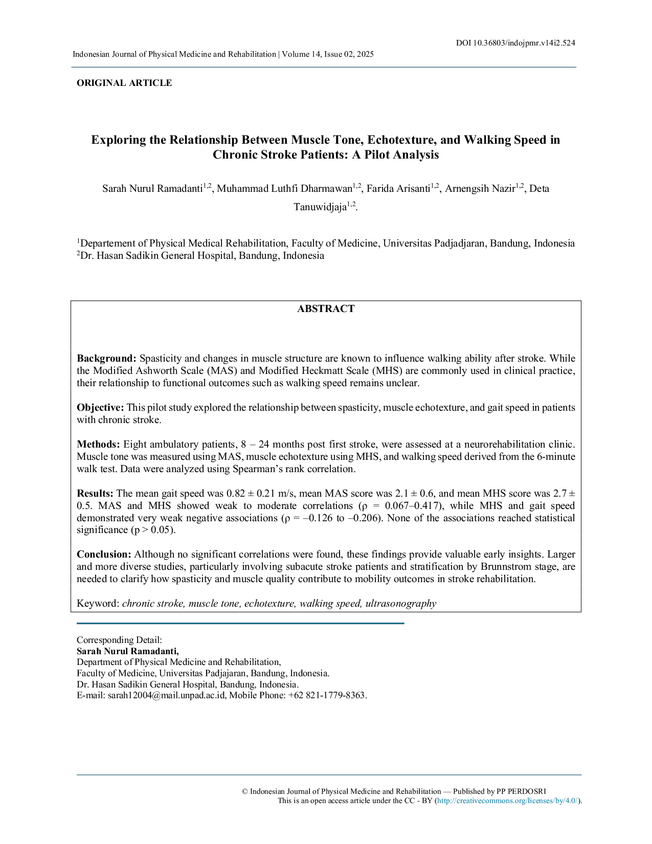JURIS Exploring the Relationship Between Muscle Tone Echotexture and Walking Speed in Chronic Stroke Patients A Pilot Analysis