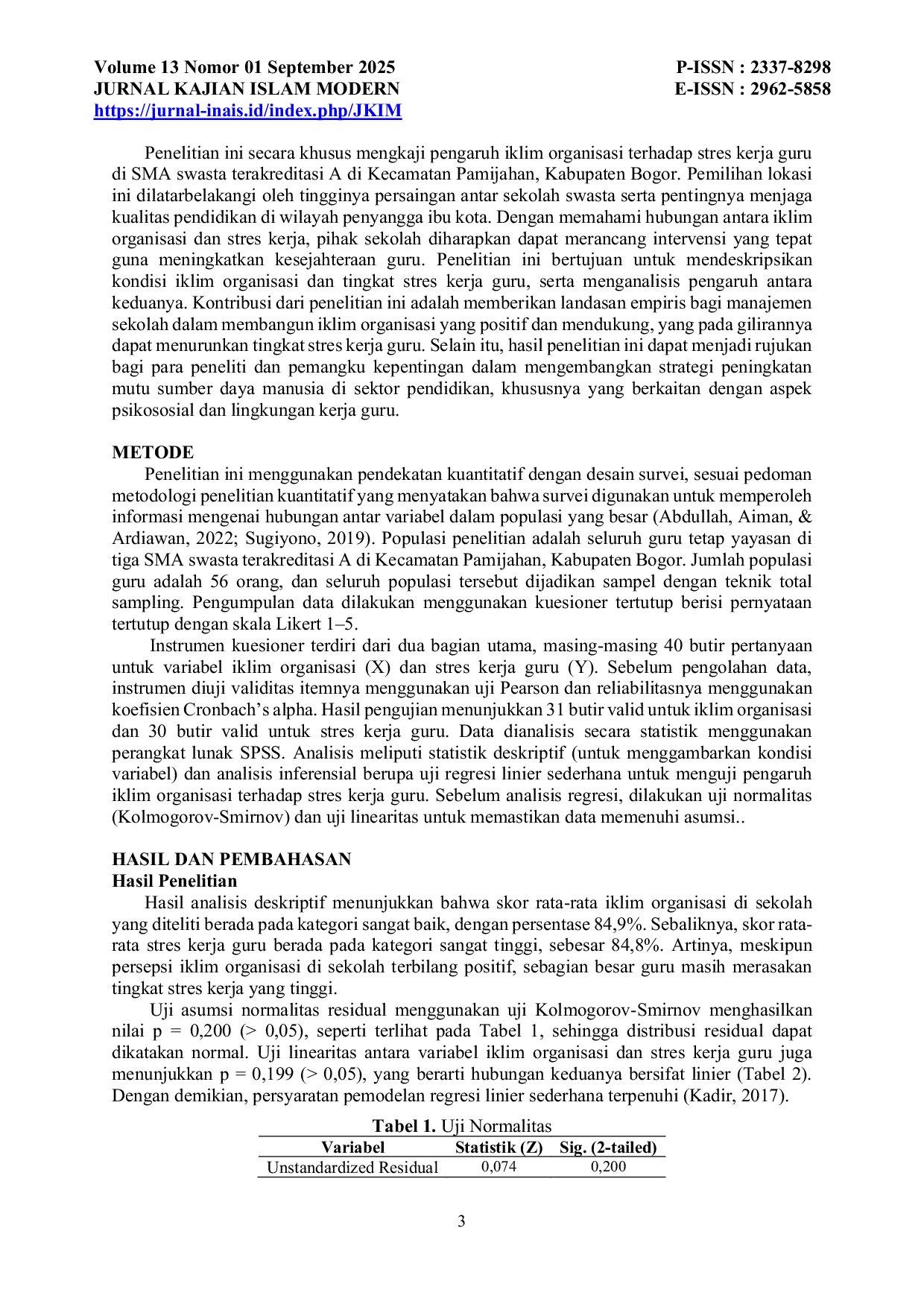 JURIS Iklim Organisasi Terhadap Stres Kerja Guru di SMA Swasta Terakreditasi A Se Kecamatan Pamijahan Bogor