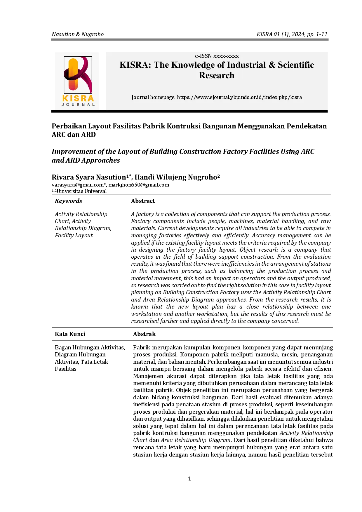juris Improvement of the Layout of Building Construction Factory Facilities Using ARC and ARD Approaches