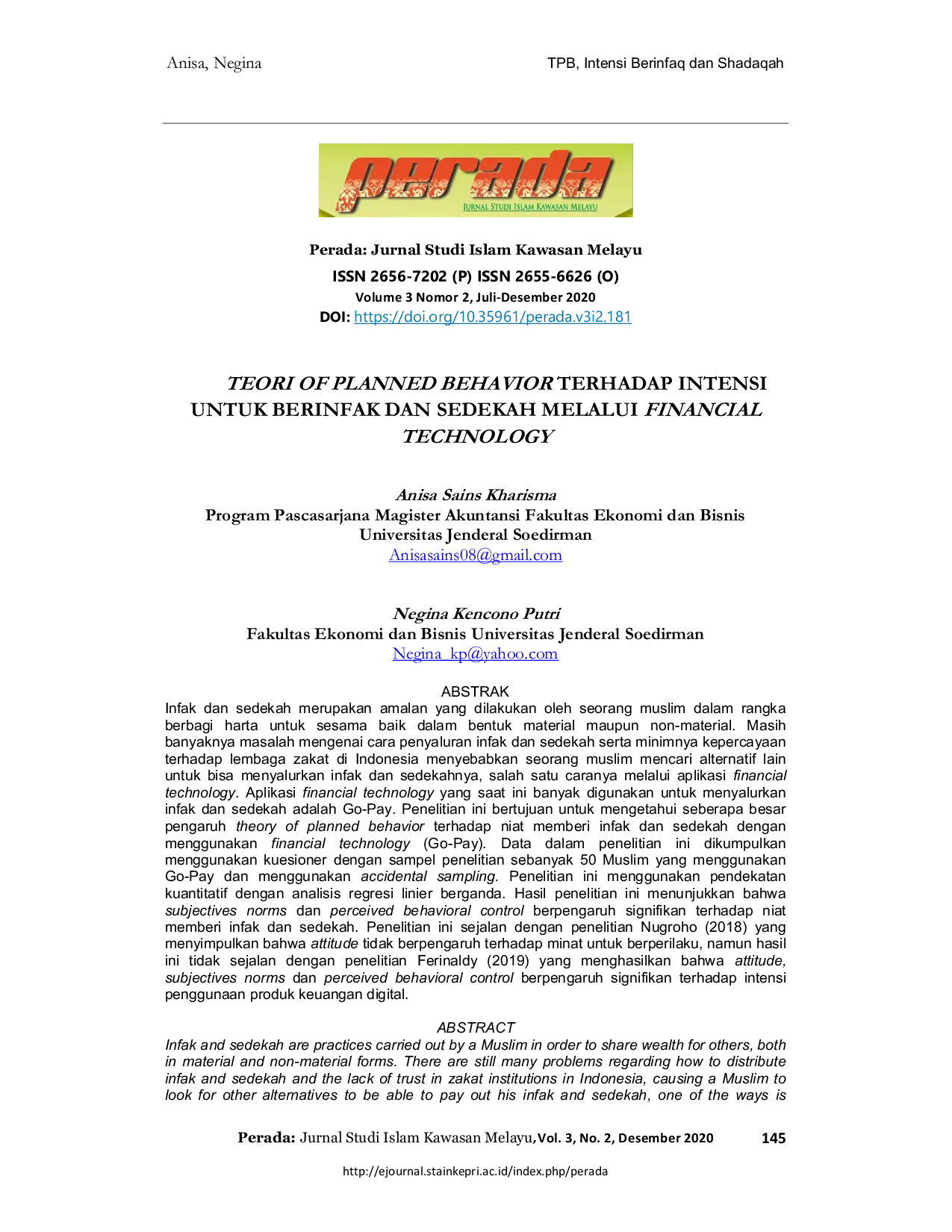 JURIS Teori Of Planned Behavior Terhadap Intensi Untuk Berinfak Dan Sedekah Melalui Financial Technology