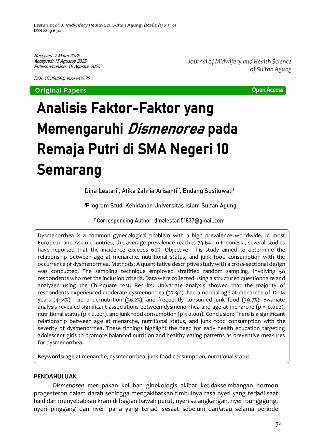 JURIS Analisis Faktor Faktor yang Memengaruhi Dismenorea pada Remaja Putri di SMA Negeri 10 Semarang