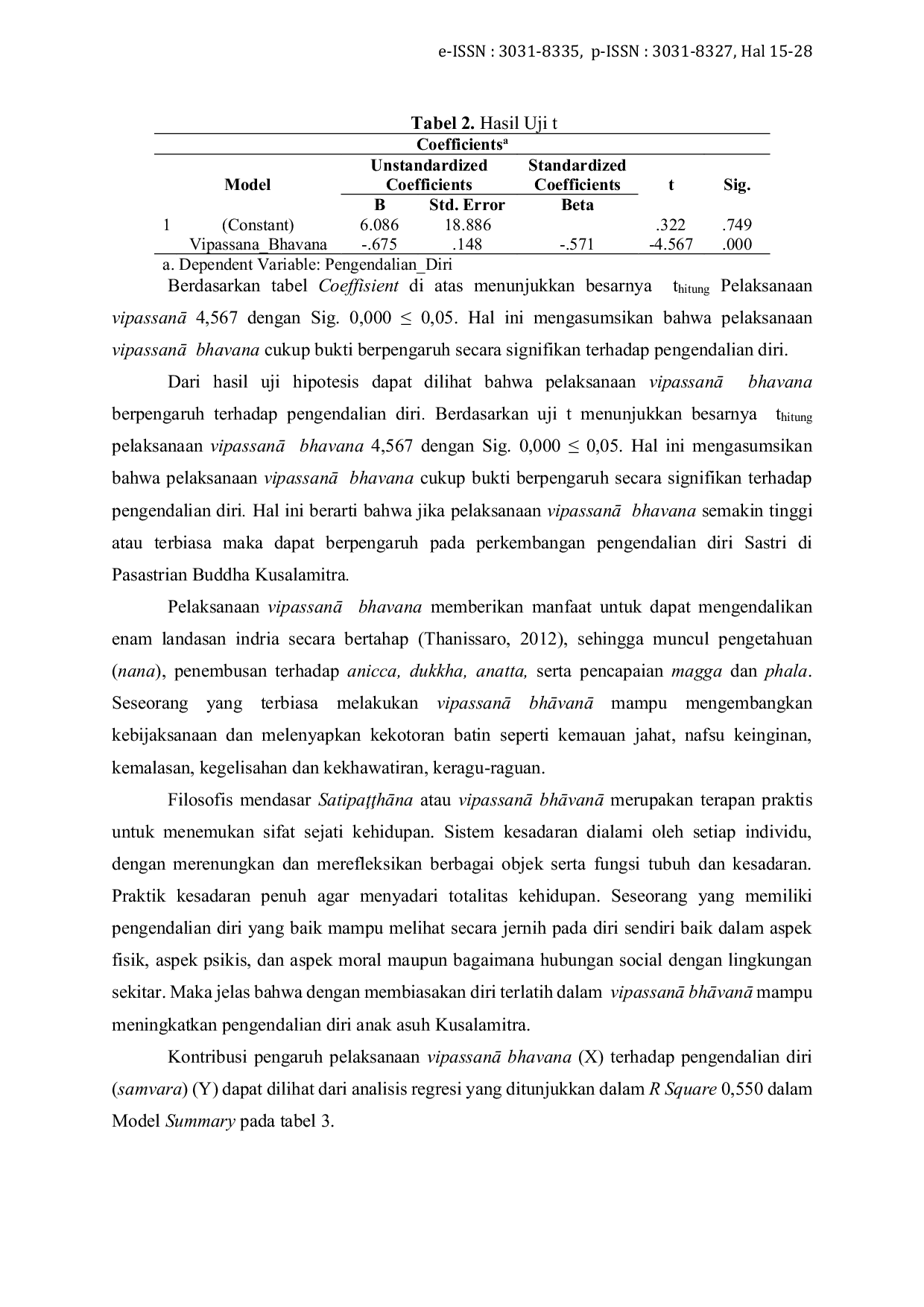 JURIS Pengaruh Pelaksanaan VipassanA Bhavana terhadap Pengendalian Diri Samvara para Sastri di Pasastrian Buddha Kusalamitra Gunungkidul