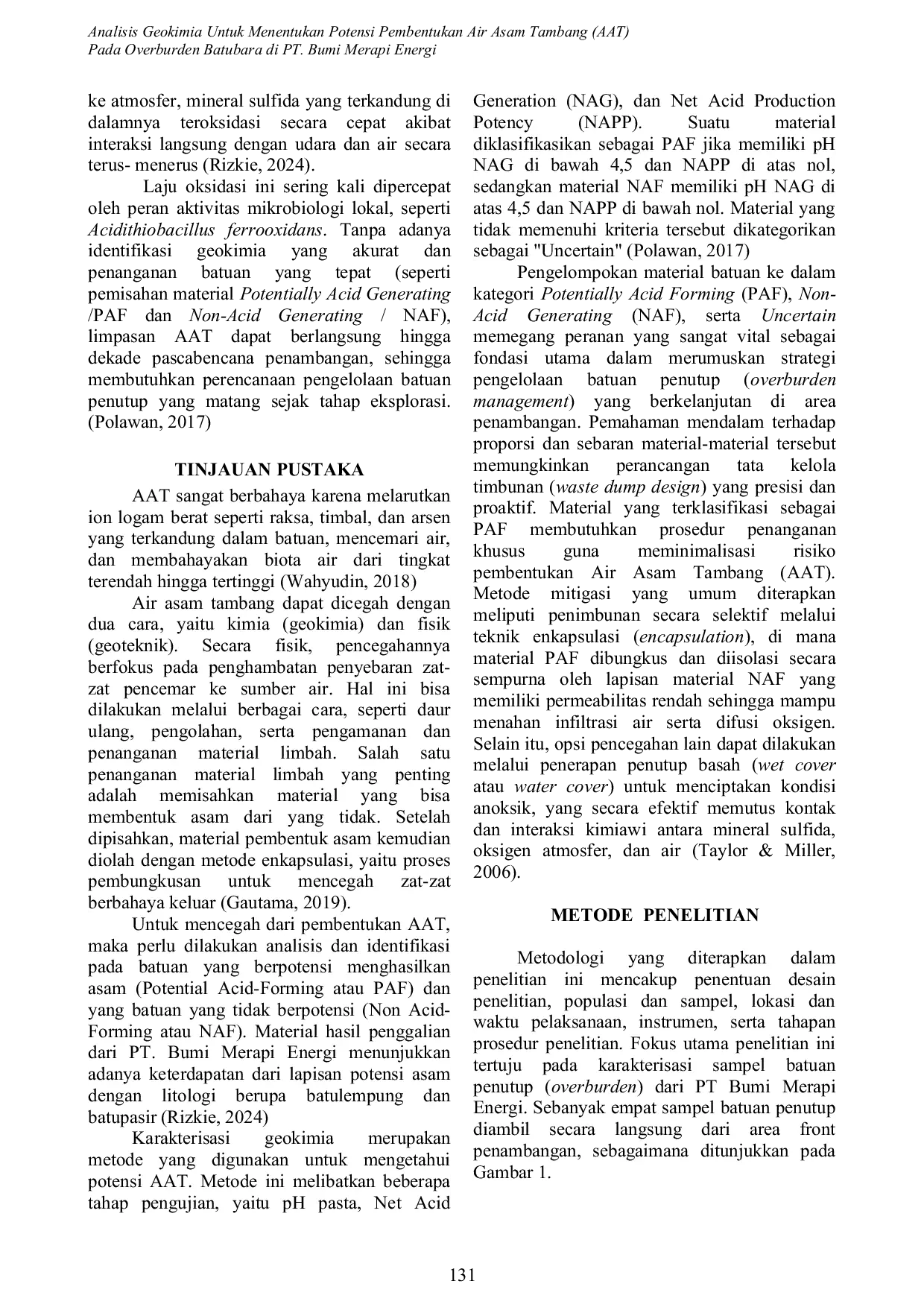 JURIS Analisis Geokimia Untuk Menentukan Potensi Pembentukan Air Asam Tambang AAT Pada Overburden Batubara Di PT Bumi Merapi Energi