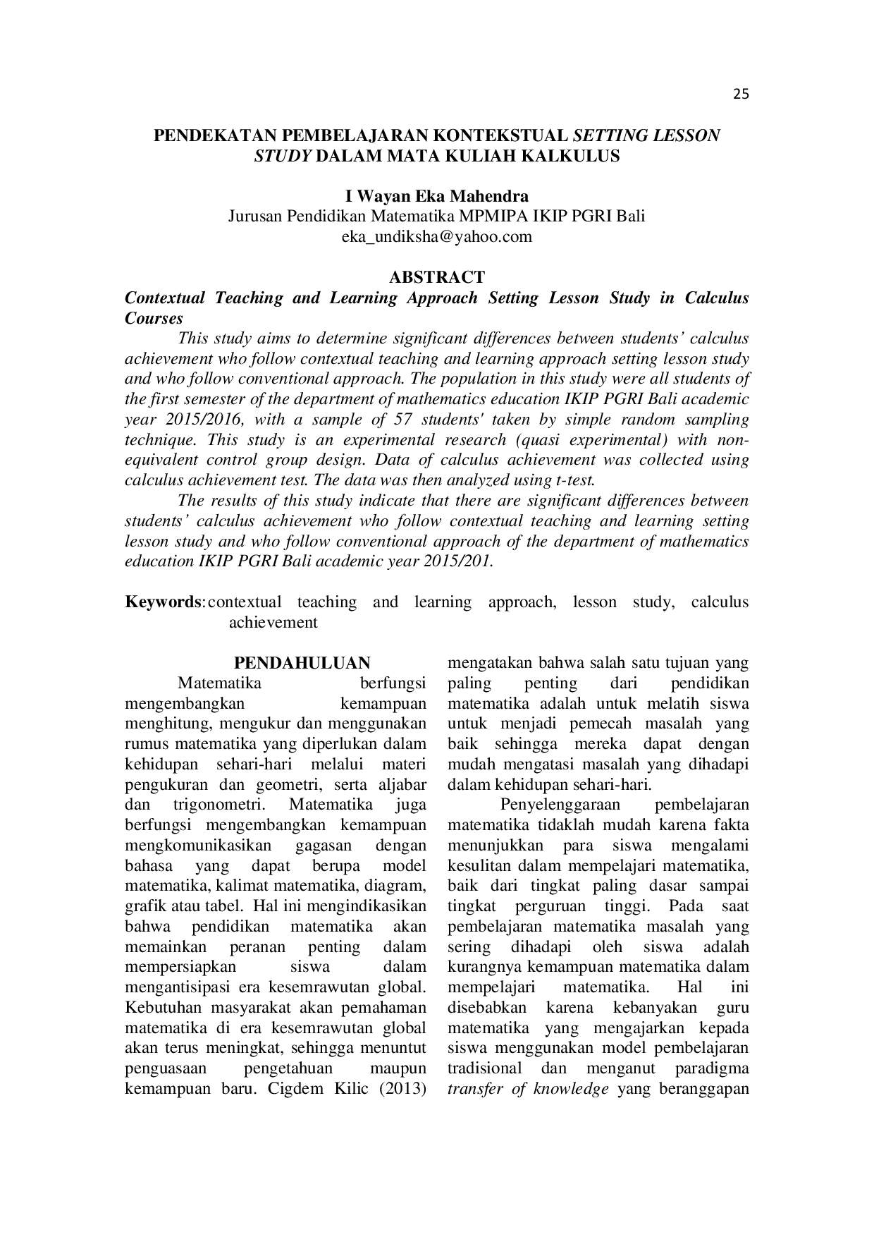 JURIS Pendekatan Pembelajaran Kontekstual Setting Lesson Study dalam Mata Kuliah Kalkulus