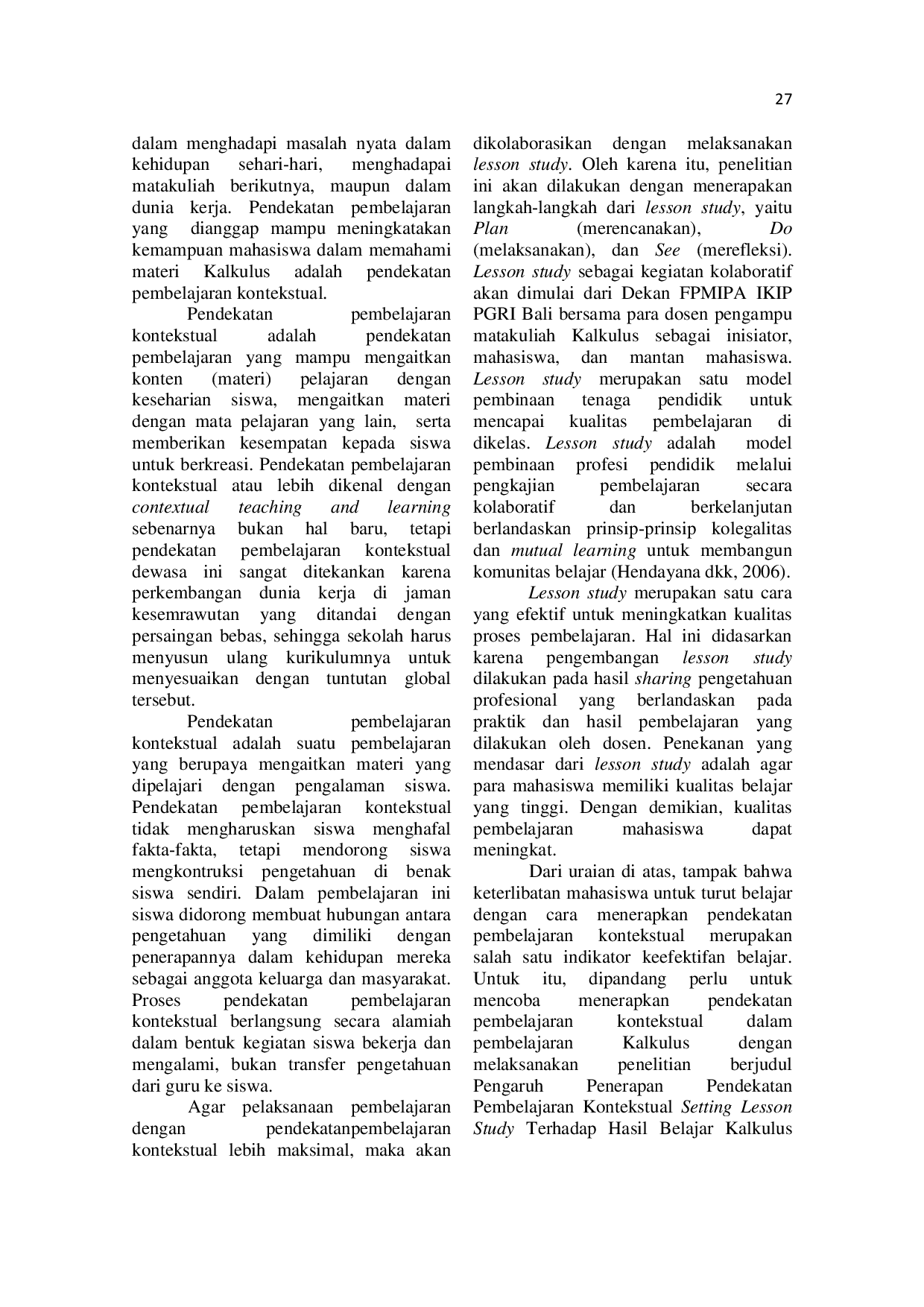 JURIS Pendekatan Pembelajaran Kontekstual Setting Lesson Study dalam Mata Kuliah Kalkulus