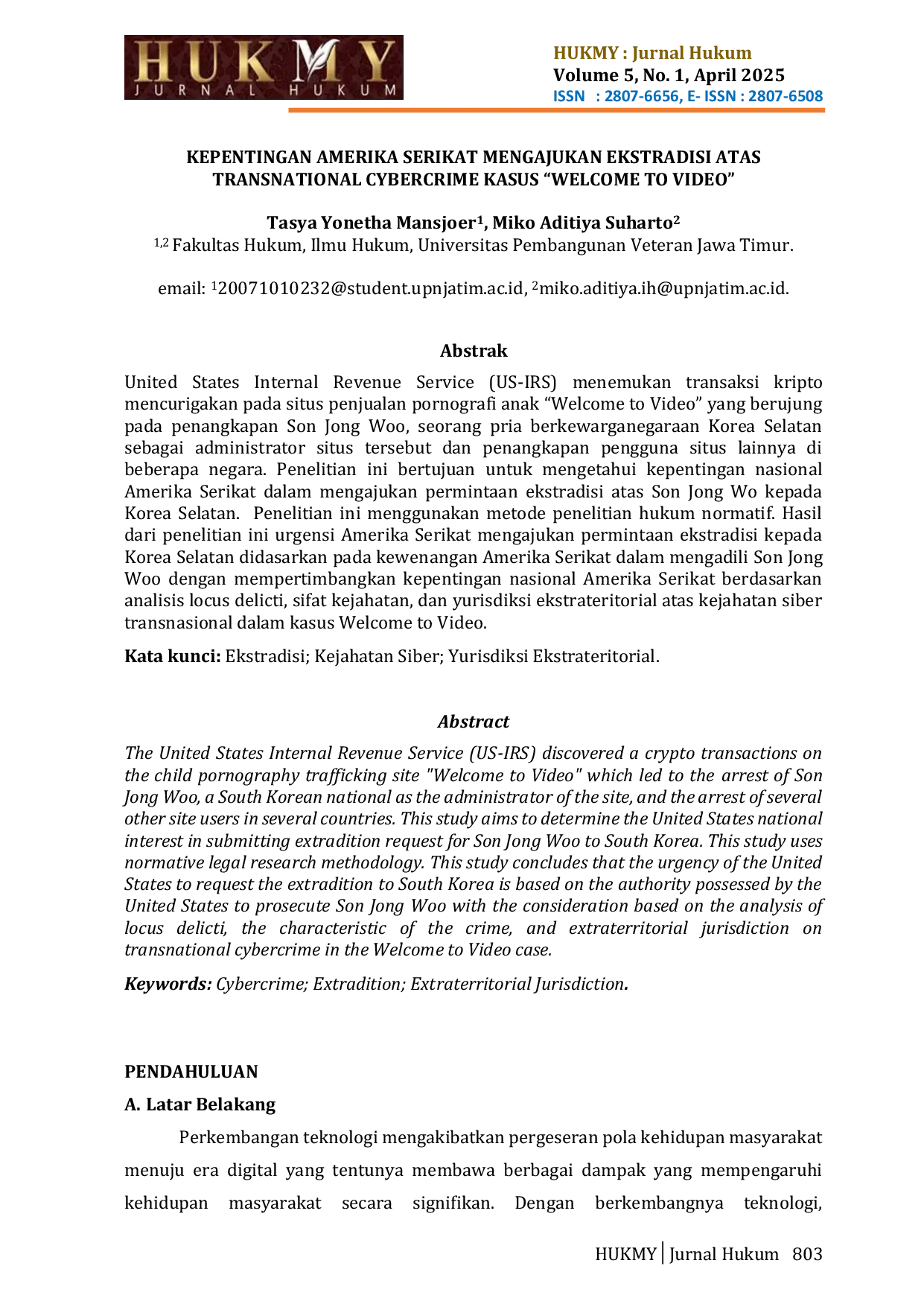 JURIS Kepentingan Amerika Serikat Mengajukan Ekstradisi Atas Transnational Cybercrime Kasus Welcome To Video