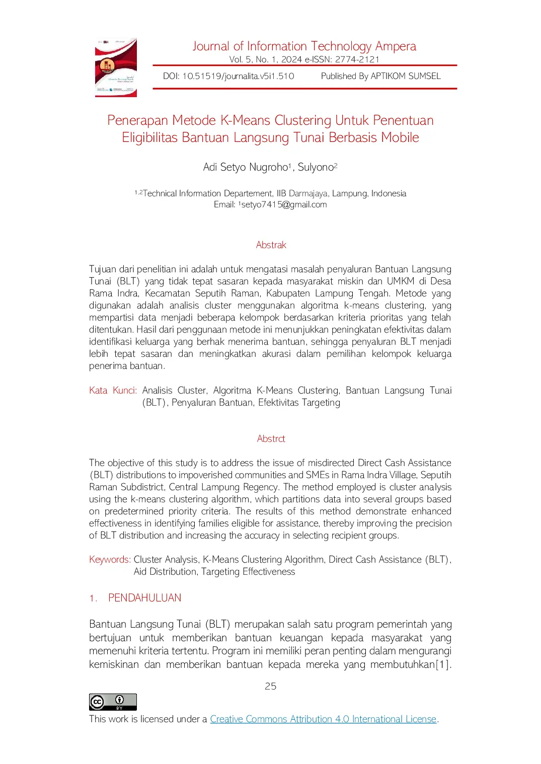 JURIS Penerapan Metode K Means Clustering Untuk Penentuan Eligibilitas Bantuan Langsung Tunai Berbasis Mobile