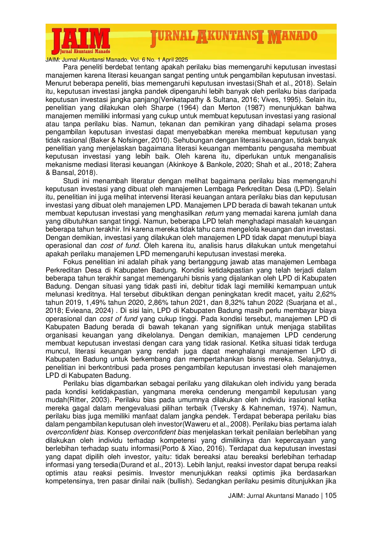 JURIS Pengaruh Perilaku Bias Pada Pengambilan Keputusan Investasi Lembaga Perkreditan Desa di Kabupaten Badung Dengan Literasi Keuangan Sebagai Variabel Moderasi