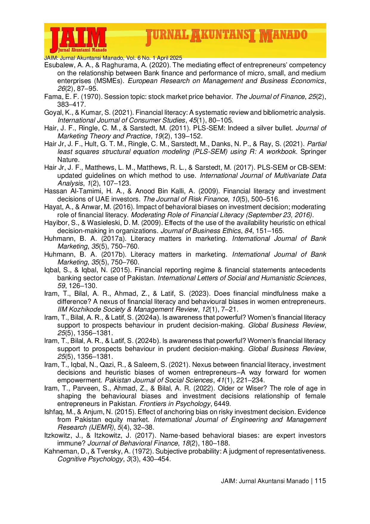 JURIS Pengaruh Perilaku Bias Pada Pengambilan Keputusan Investasi Lembaga Perkreditan Desa di Kabupaten Badung Dengan Literasi Keuangan Sebagai Variabel Moderasi