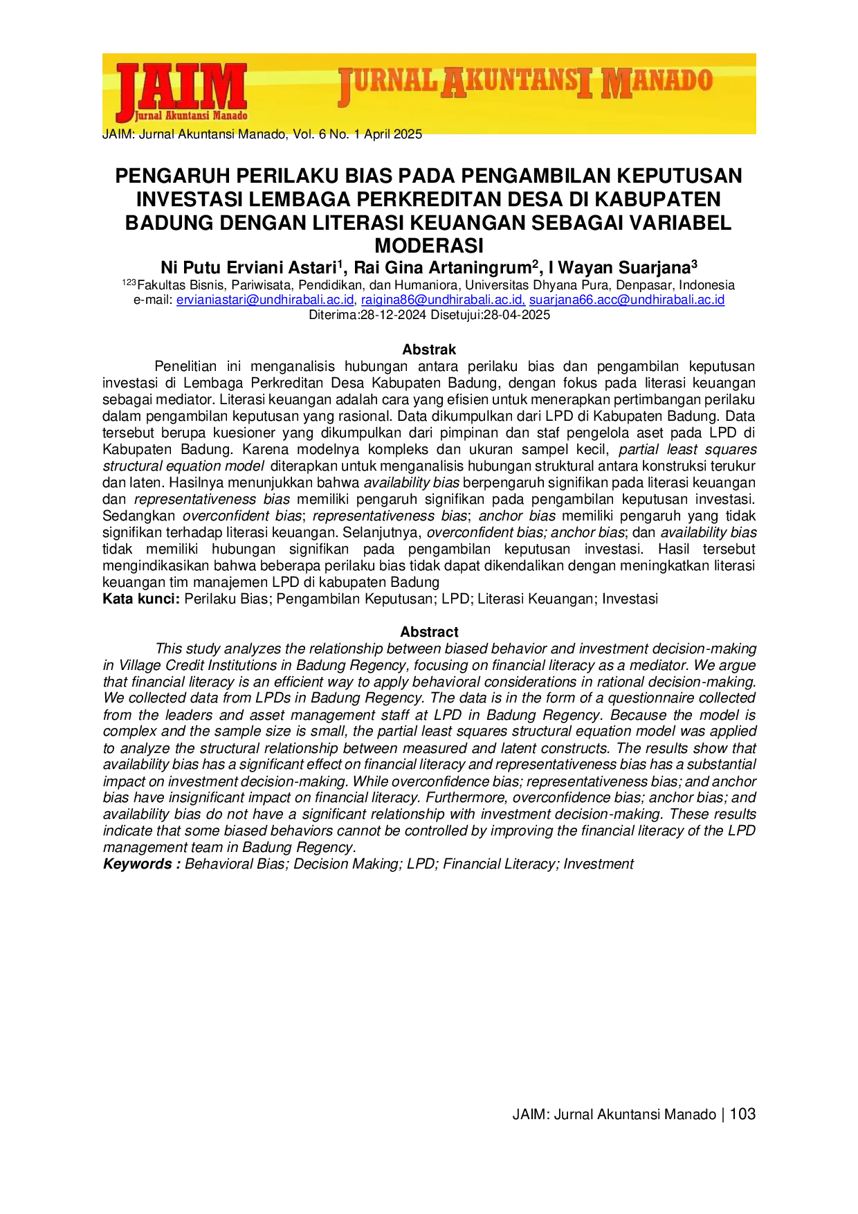 JURIS Pengaruh Perilaku Bias Pada Pengambilan Keputusan Investasi Lembaga Perkreditan Desa di Kabupaten Badung Dengan Literasi Keuangan Sebagai Variabel Moderasi
