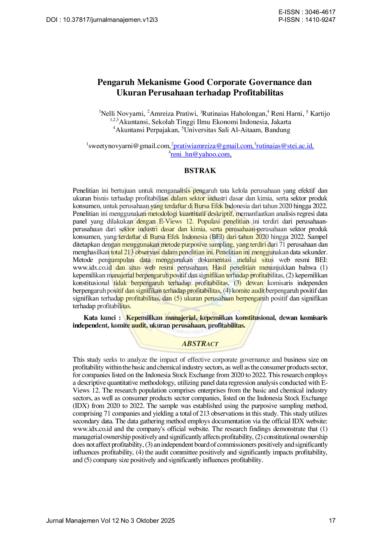 JURIS Pengaruh Mekanisme Good Corporate Governance dan Ukuran Perusahaan terhadap Profitabilitas