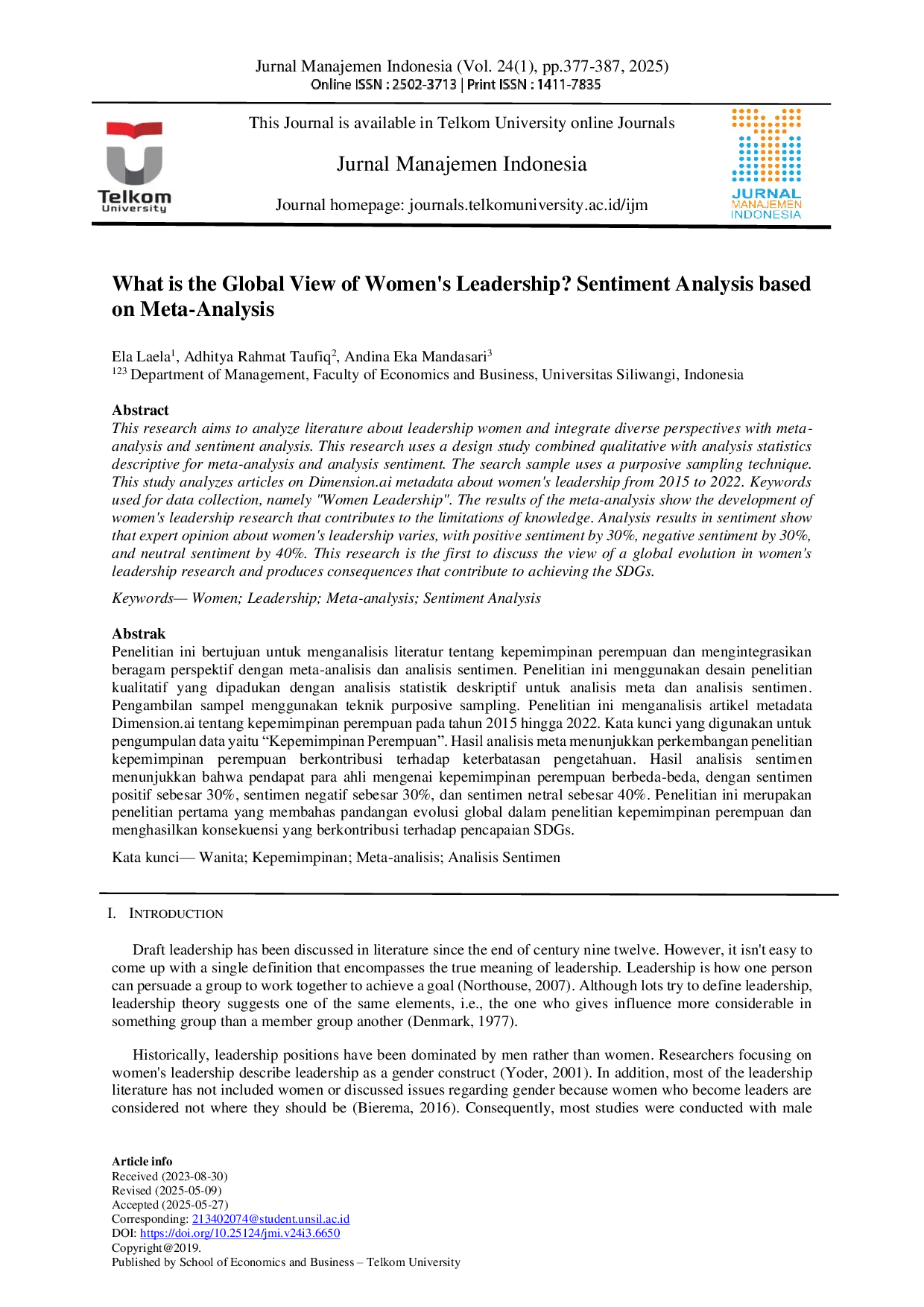 JURIS What is the Global View of Women s Leadership Sentiment Analysis based on Meta Analysis