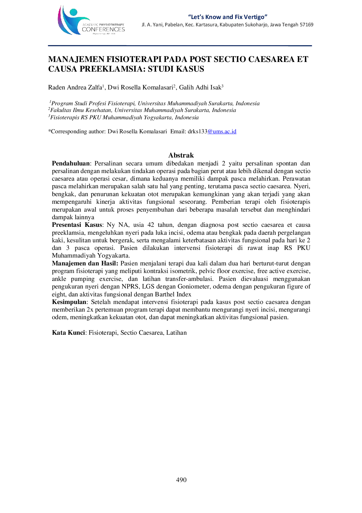 JURIS Manajemen Fisioterapi pada Post Sectio Caesarea et Causa Preeklamsia Studi Kasus
