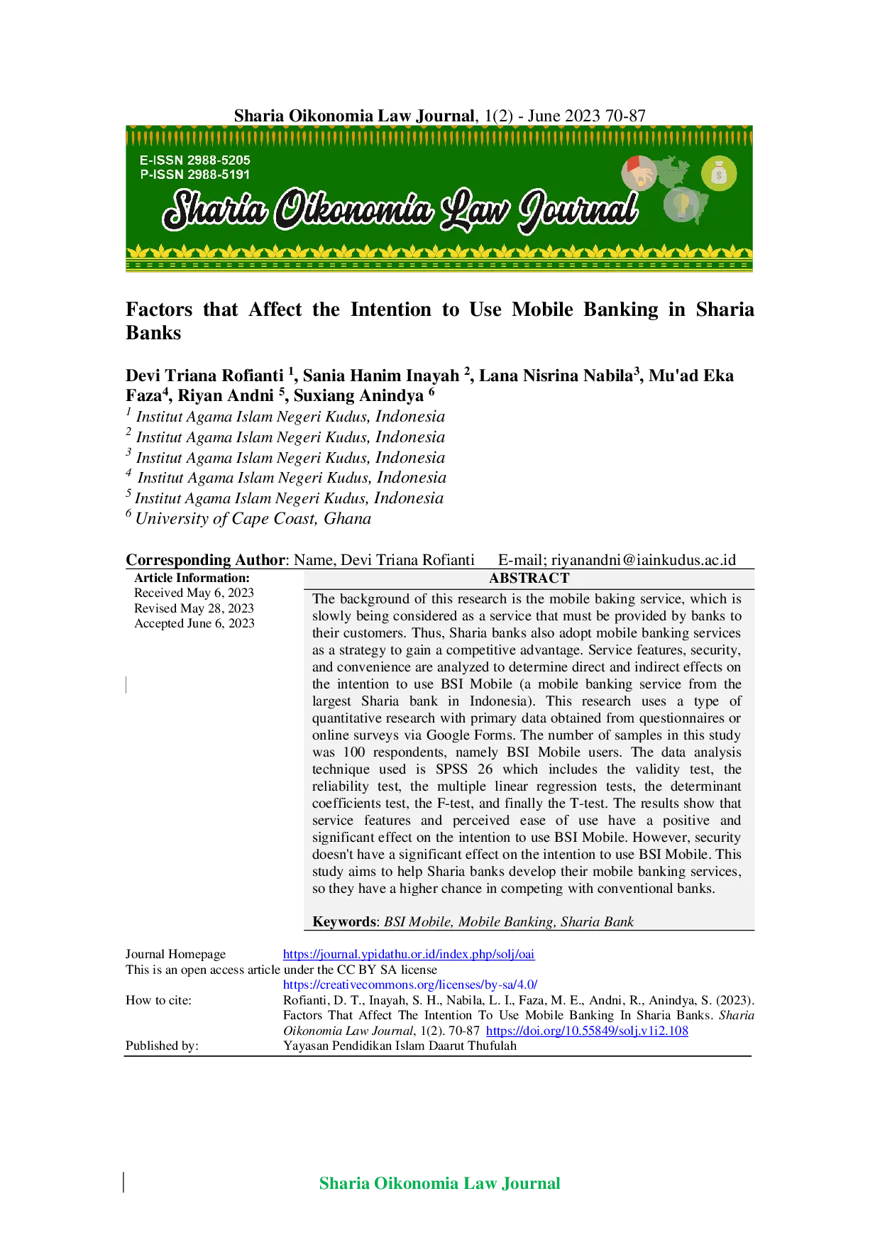 JURIS Factors That Affect the Intention to Use Mobile Banking in Sharia Banks