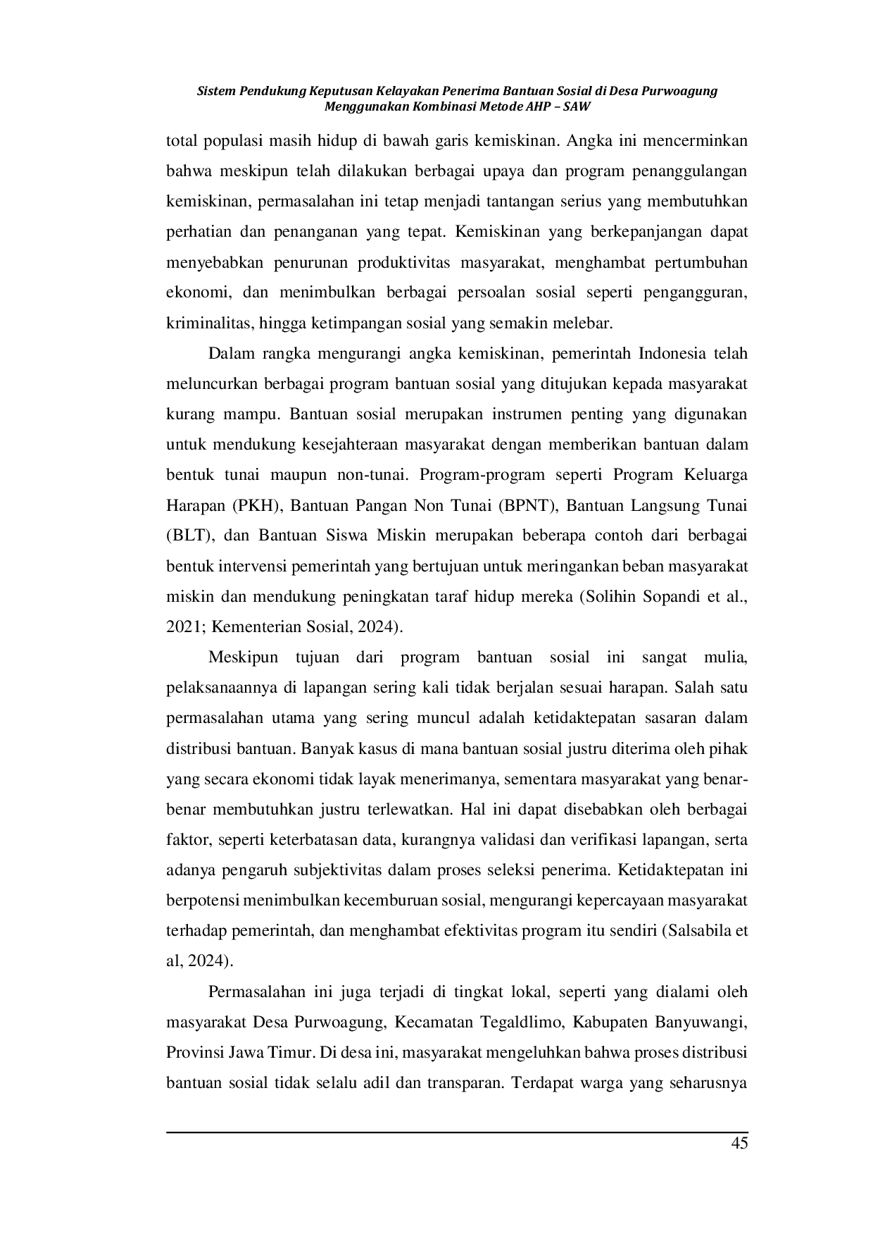 JURIS Sistem Pendukung Keputusan Kelayakan Penerima Bantuan Sosial di Desa Purwoagung Menggunakan Kombinasi Metode AHP SAW