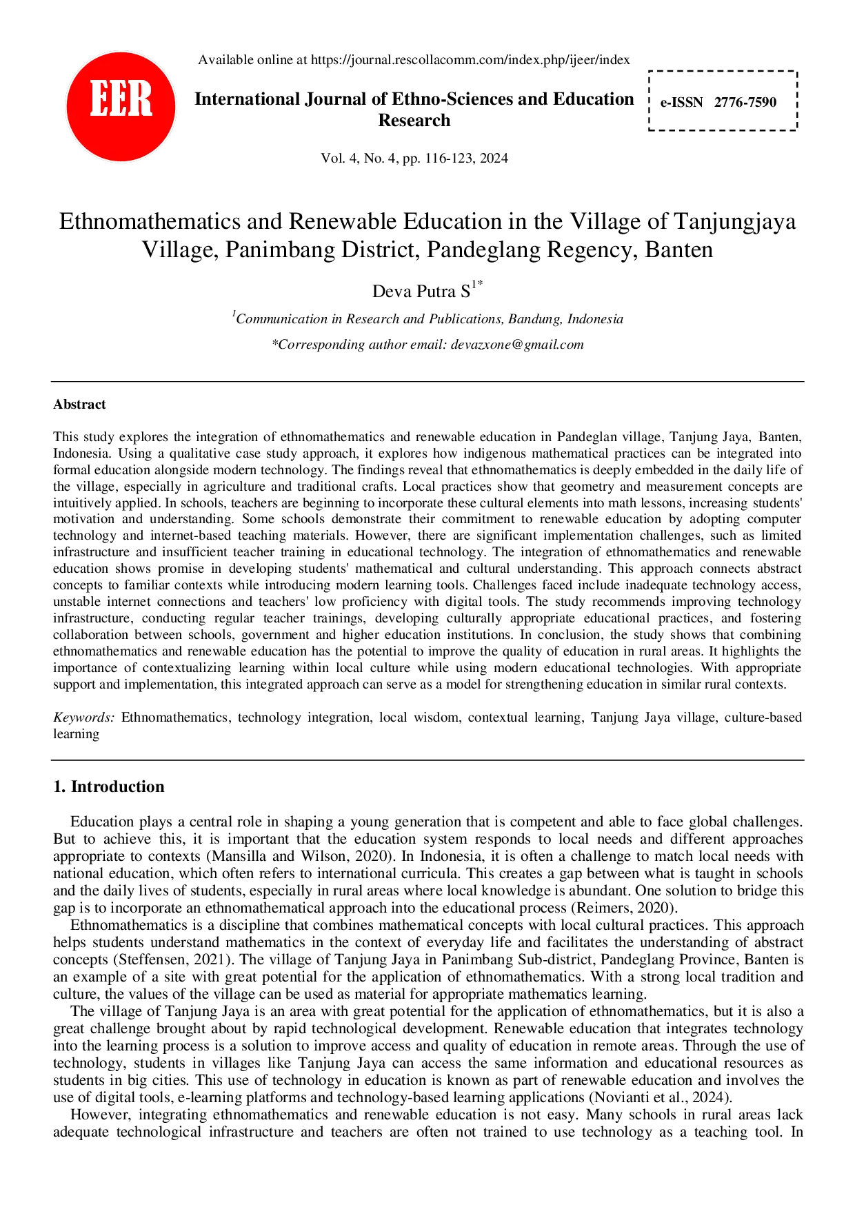 JURIS Ethnomathematics and Renewable Education in the Village of Tanjungjaya Village Panimbang District Pandeglang Regency Banten