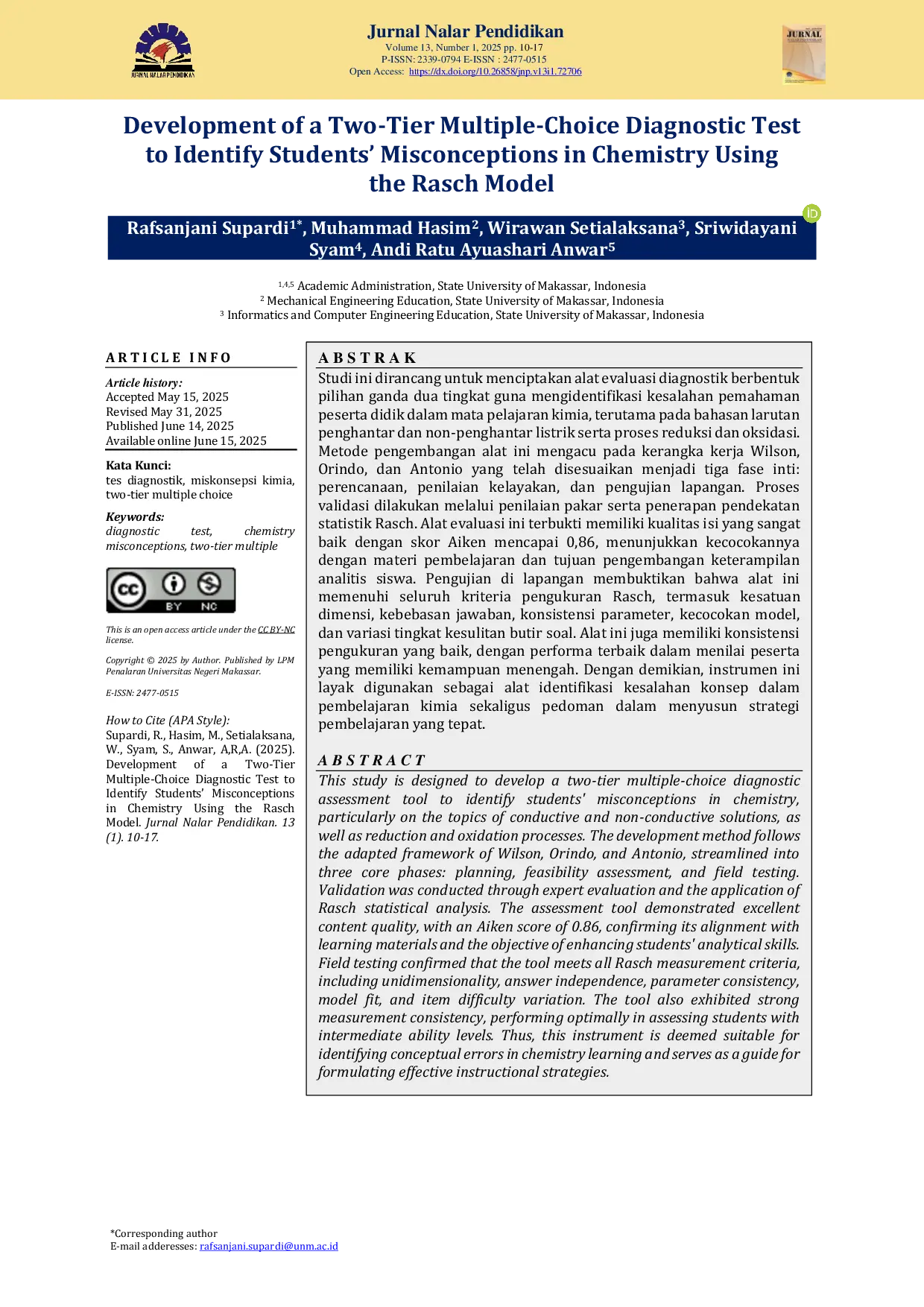 JURIS Development Of A Two Tier Multiple Choice Diagnostic Test To Identify Students Misconceptions In Chemistry Using The Rasch Model