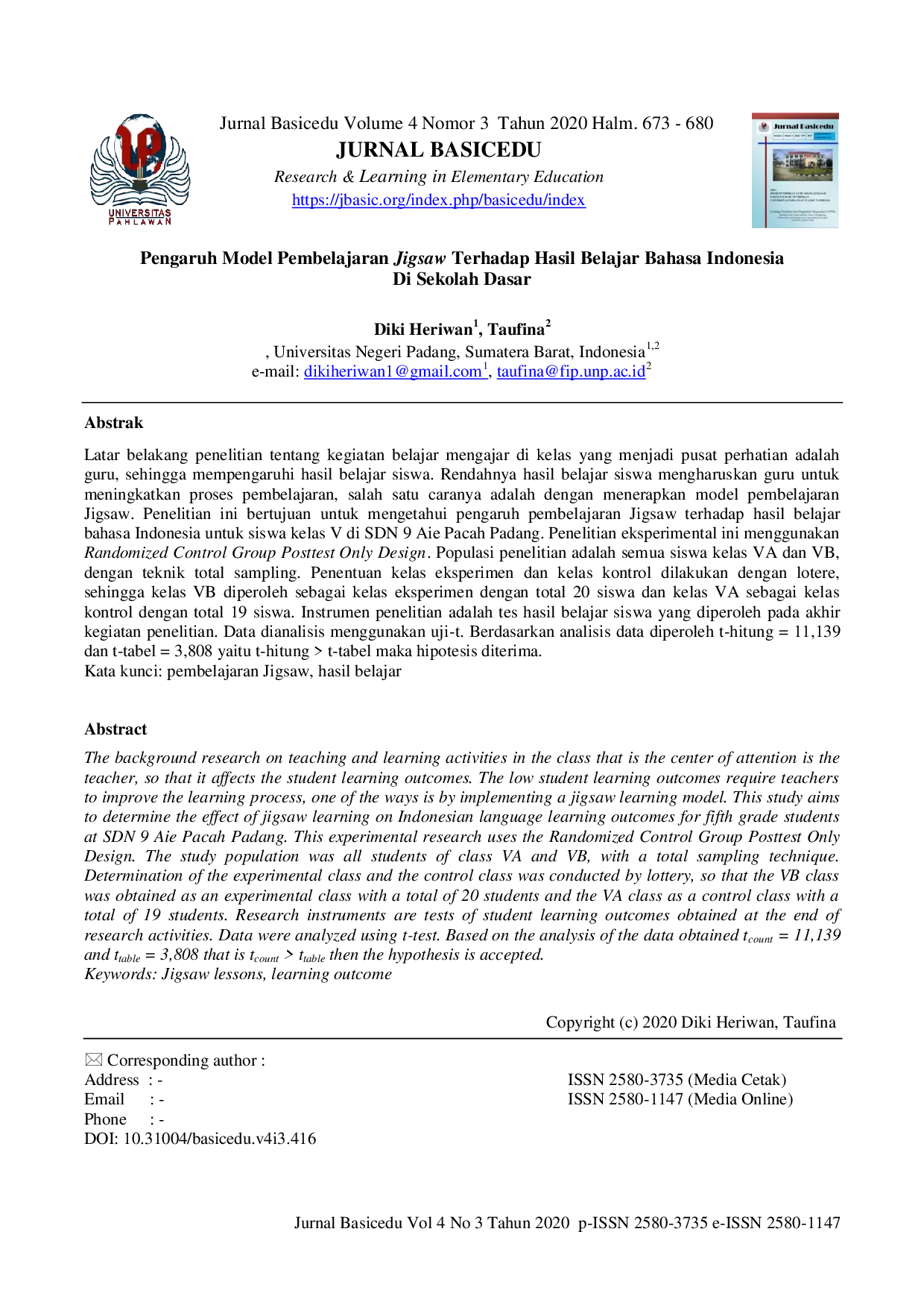 JURIS Pengaruh Model Pembelajaran Jigsaw terhadap Hasil Belajar Bahasa Indonesia di Sekolah Dasar