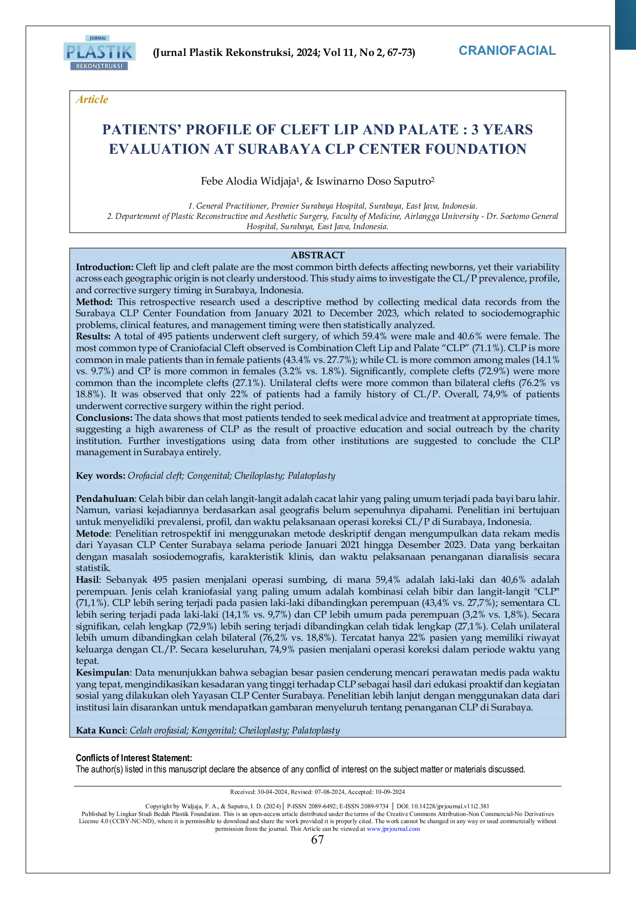 JURIS Patients Profile of Cleft Lip and Palate 3 Years Evaluation at Surabaya CLP Center Foundation