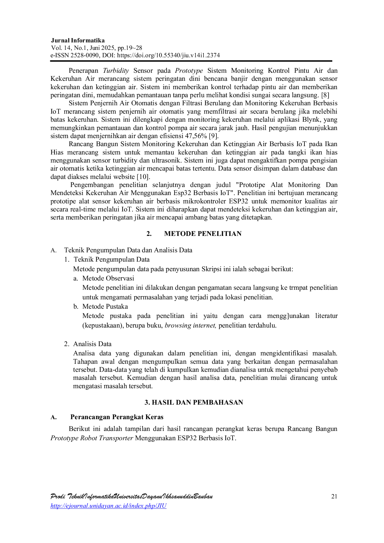 JURIS Prototipe Alat Monitoring Dan Mendeteksi Kekeruhan Air Menggunakan Esp32 Berbasis Iot