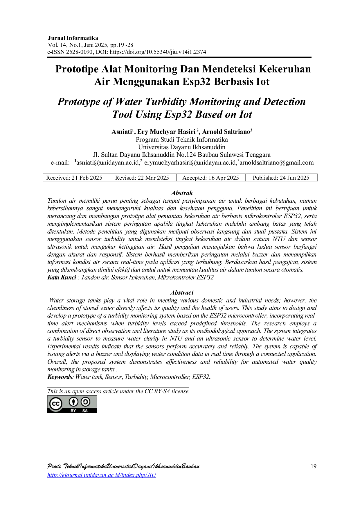 JURIS Prototipe Alat Monitoring Dan Mendeteksi Kekeruhan Air Menggunakan Esp32 Berbasis Iot