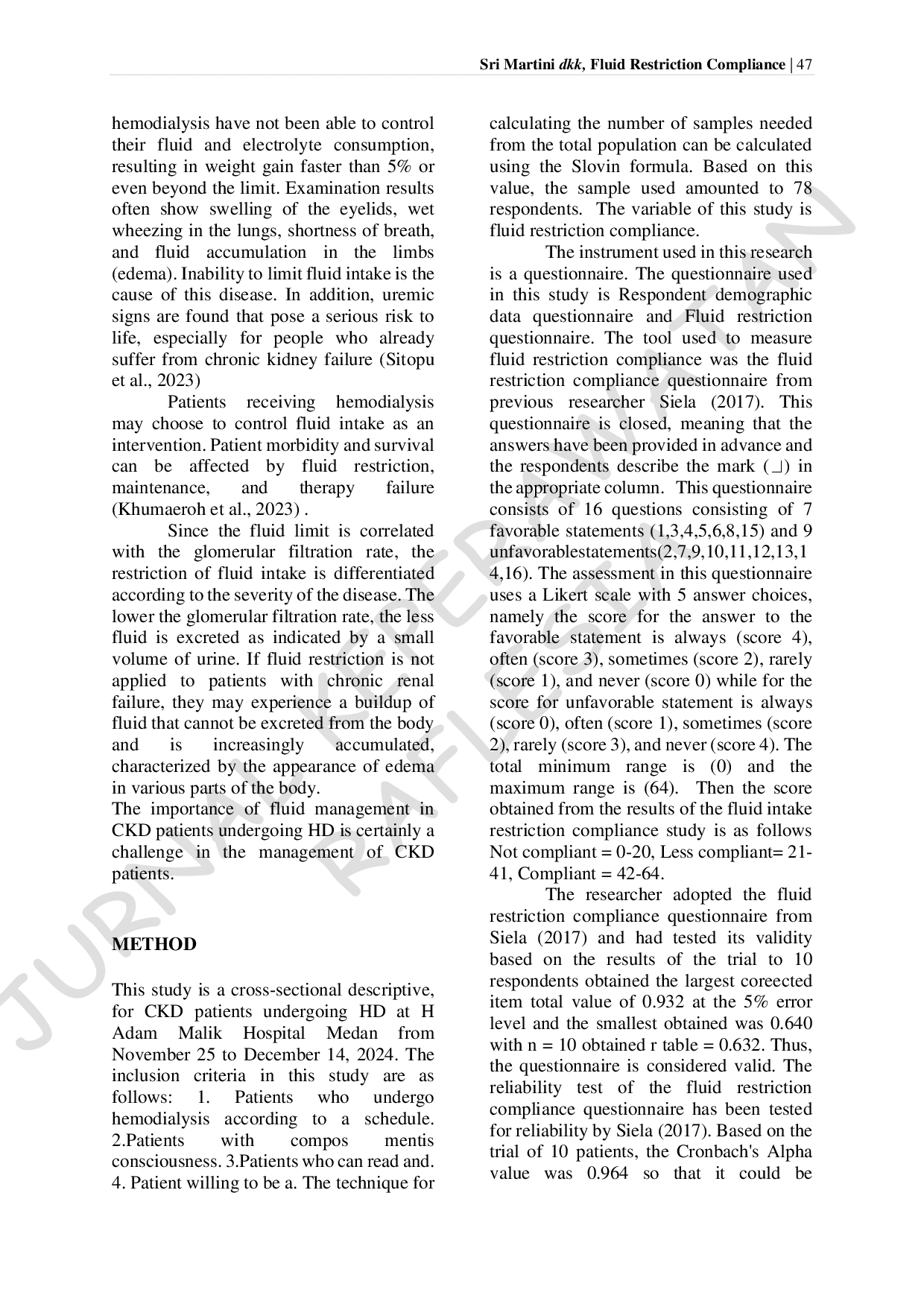 JURIS Description of Compliance with Fluid Restrictions in Patients Undergoing Hemodialysis at H Adam Malik General Hospital Medan 2024