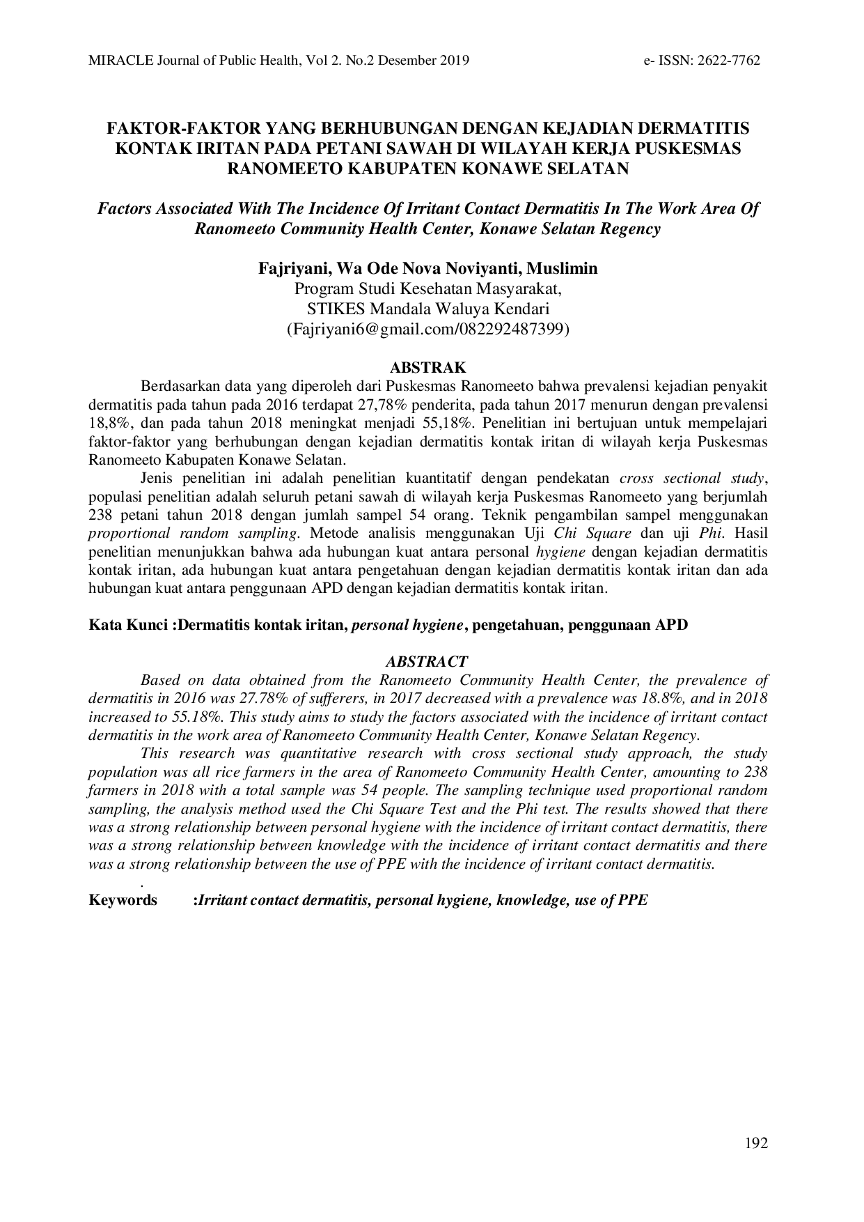 JURIS Faktor Faktor Yang Berhubungan Dengan Kejadian Dermatitis Kontak Iritan Pada Petani Sawah Di Wilayah Kerja Puskesmas Ranomeeto Kabupaten Konawe Selatan