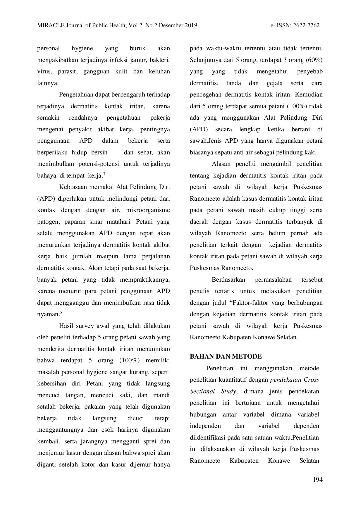 JURIS Faktor Faktor Yang Berhubungan Dengan Kejadian Dermatitis Kontak Iritan Pada Petani Sawah Di Wilayah Kerja Puskesmas Ranomeeto Kabupaten Konawe Selatan