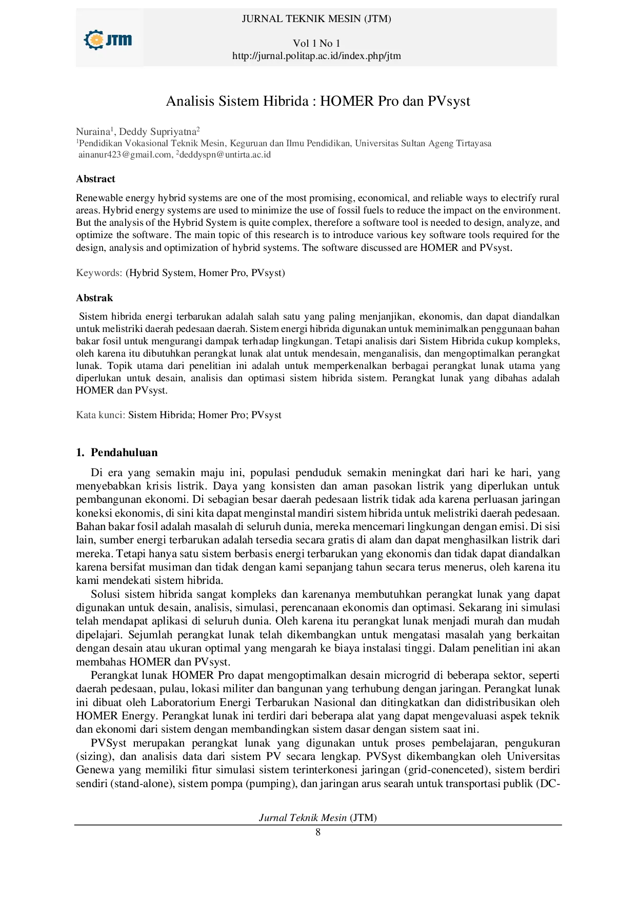 JURIS Sistem Hibrida HOMER PRO dan PVsyst
