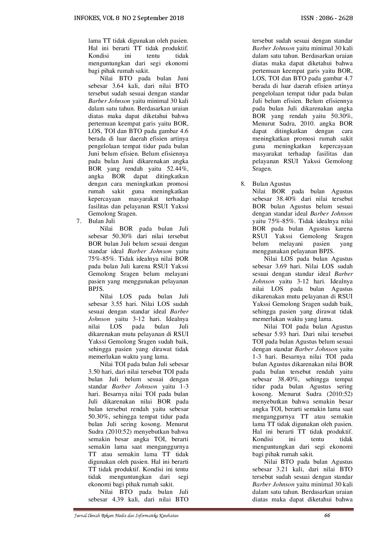 juris Efisiensi Pengelolaan Tempat Tidur Rawat Inap Per Bulan Berdasarkan Indikator Barber Johnson di RSUI Yakssi Gemolong Sragen 2017