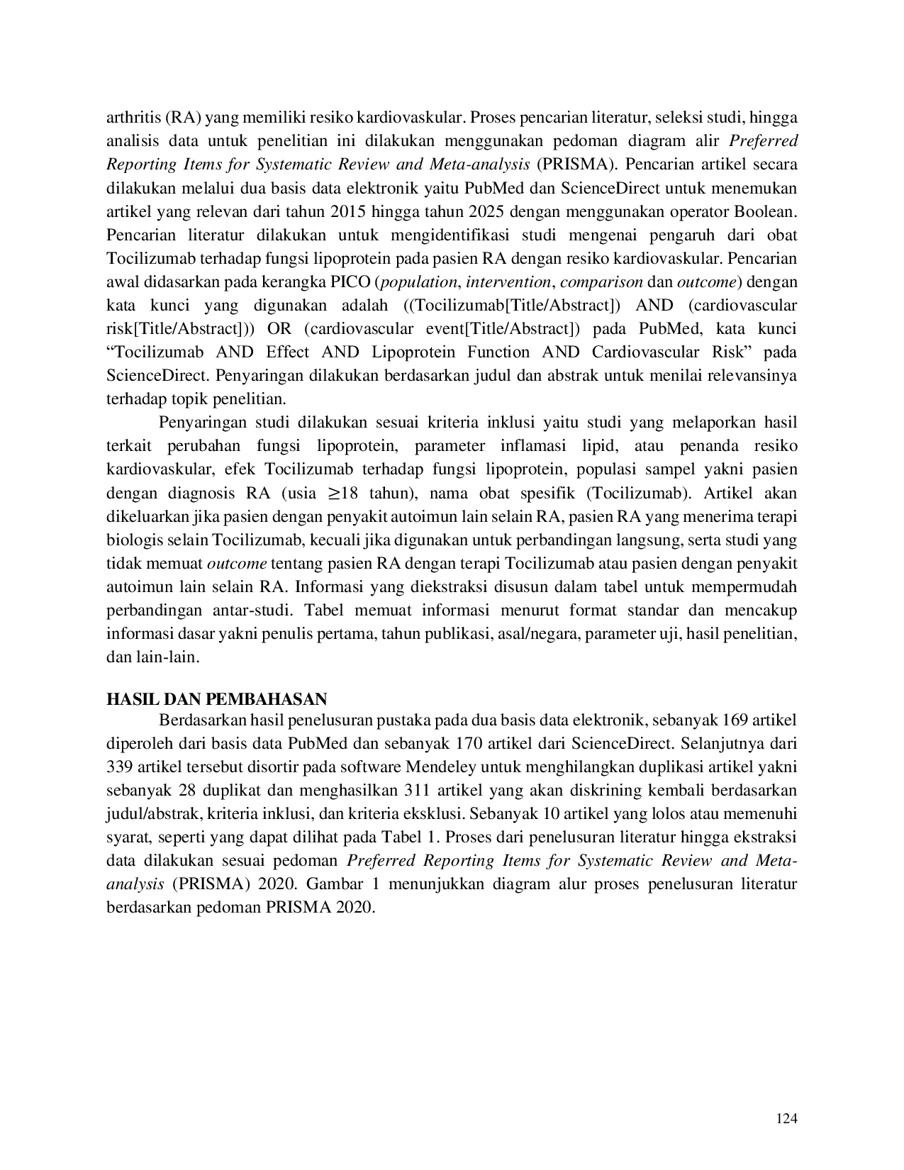 JURIS Tinjauan Sistematis Pengaruh Tocilizumab Terhadap Fungsi Lipoprotein Pada Pasien Rheumatoid Arthritis Dengan Resiko Kardiovaskular