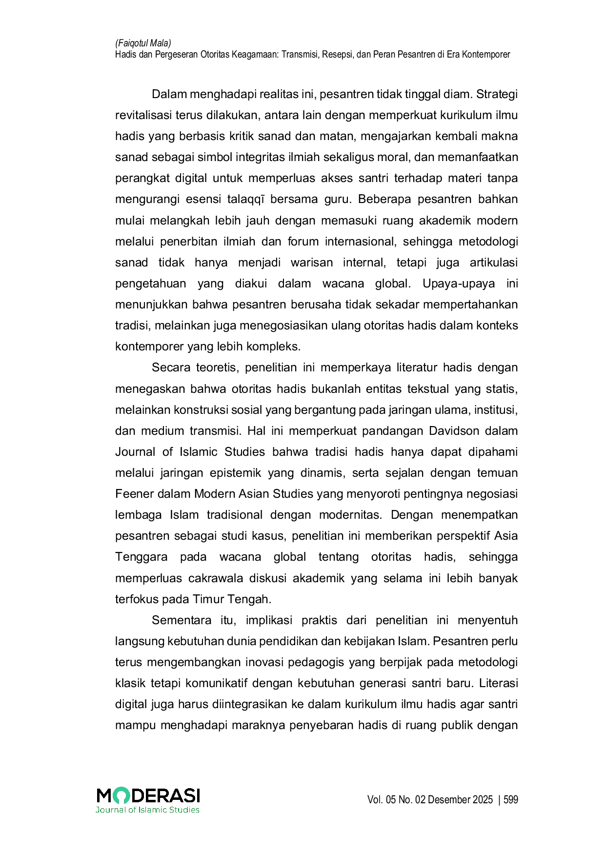 JURIS Hadis dan Pergeseran Otoritas Keagamaan Transmisi Resepsi dan Peran Pesantren di Era Kontemporer