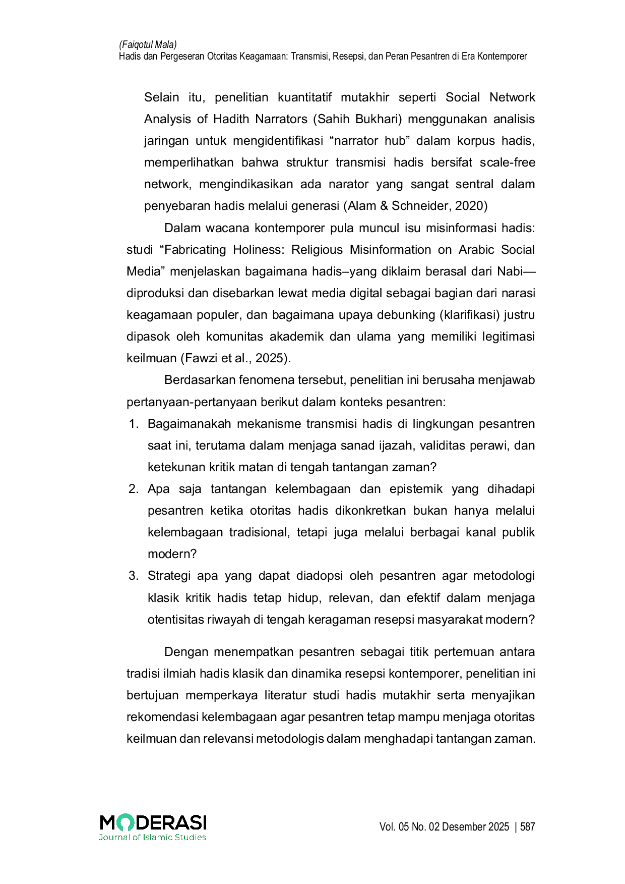 JURIS Hadis dan Pergeseran Otoritas Keagamaan Transmisi Resepsi dan Peran Pesantren di Era Kontemporer