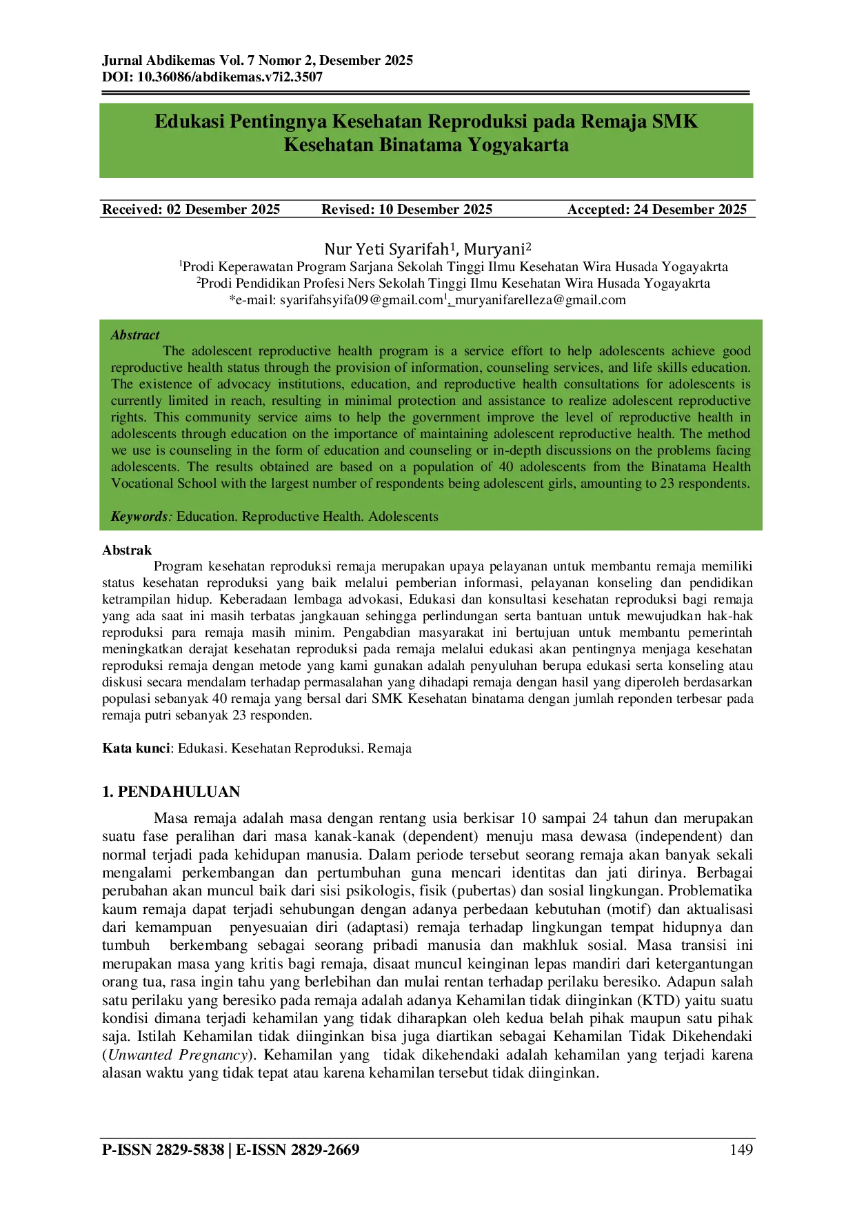 JURIS Edukasi Pentingnya Kesehatan Reproduksi pada Remaja SMK Kesehatan di Kota Yogyakarta