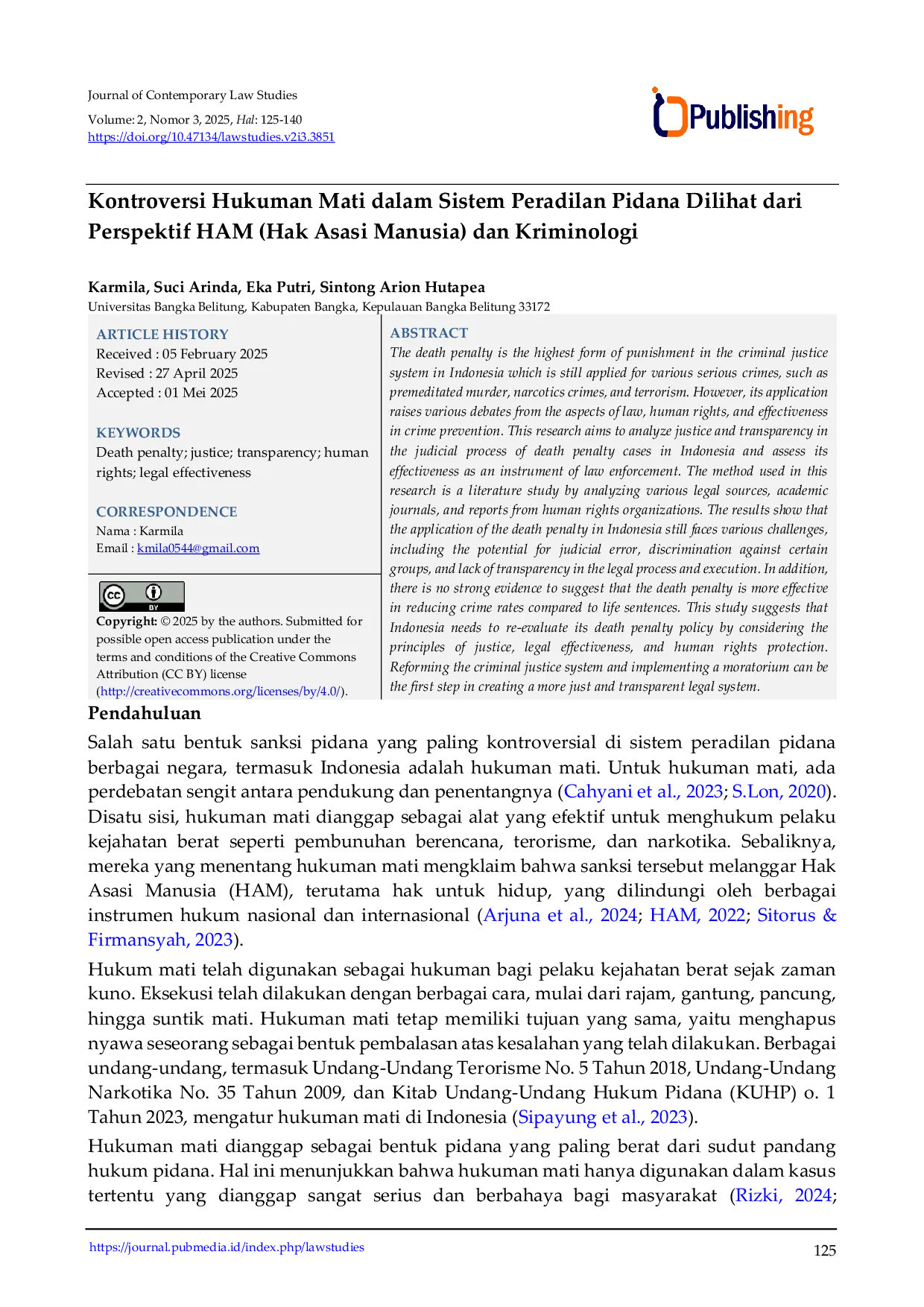 JURIS Kontroversi Hukuman Mati dalam Sistem Peradilan Pidana Dilihat dari Perspektif HAM Hak Asasi Manusia dan Kriminologi